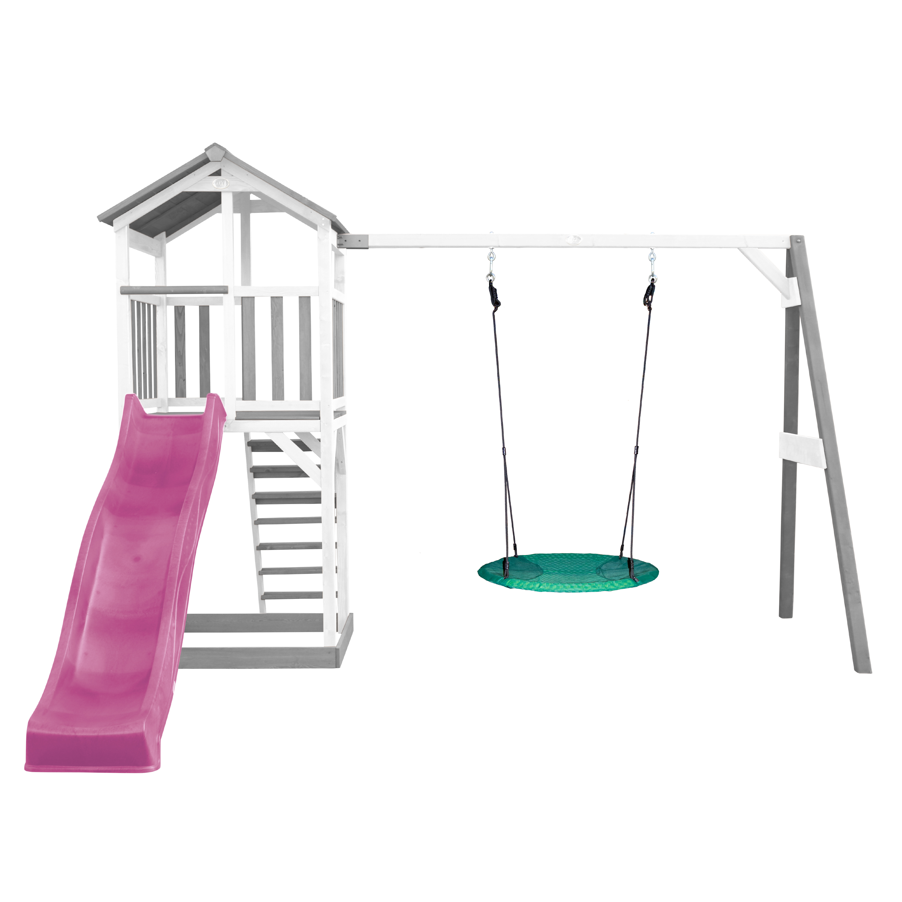 Holzspielplatz mit Rutsche, Schaukel und Klettergerüst; weiße und graue Farben.