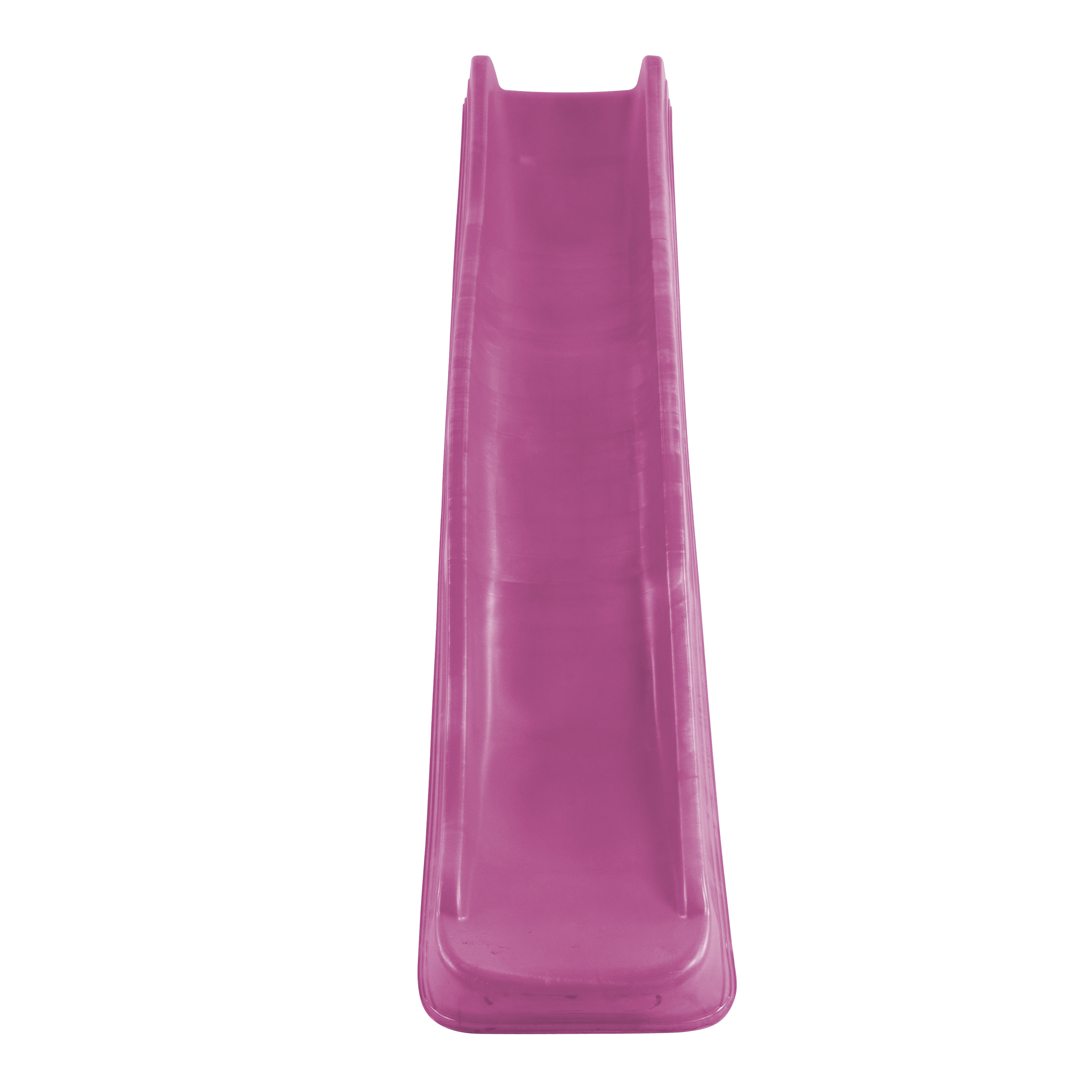 Eine rosa Plastikrutsche, von oben betrachtet, vor weißem Hintergrund.