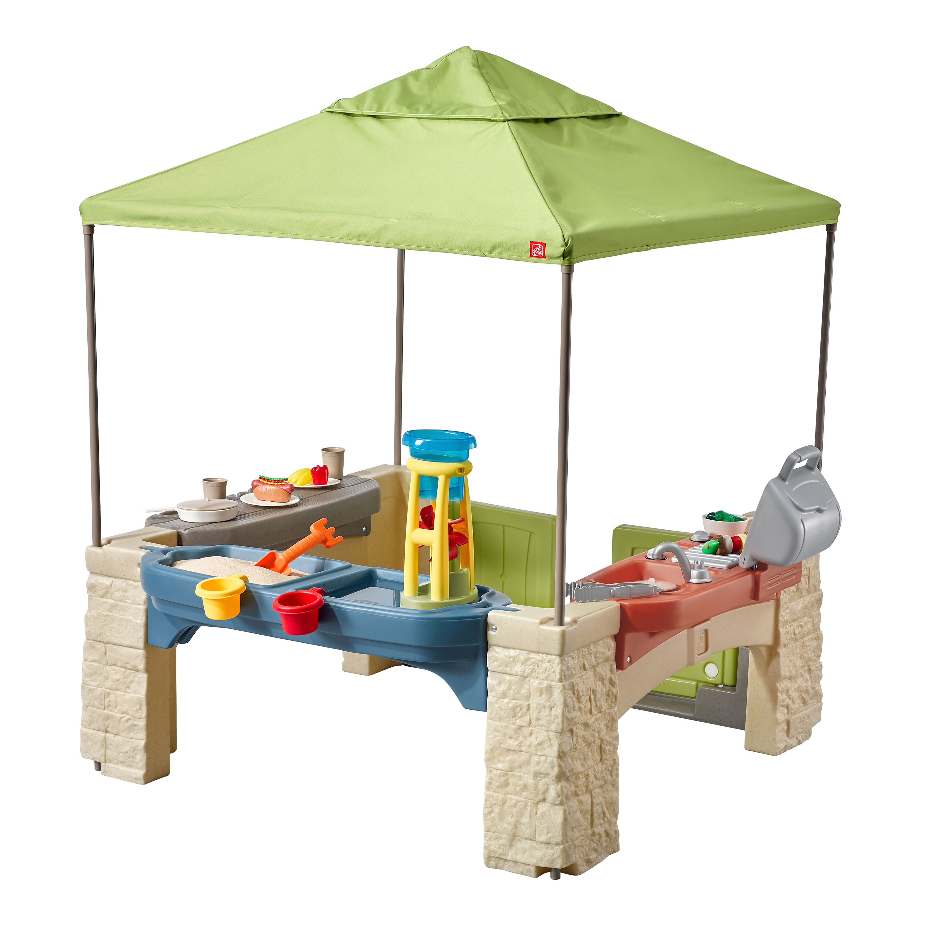 Ein Kinderspielset mit grünem Baldachin, das einer Küche und einem Grill ähnelt.