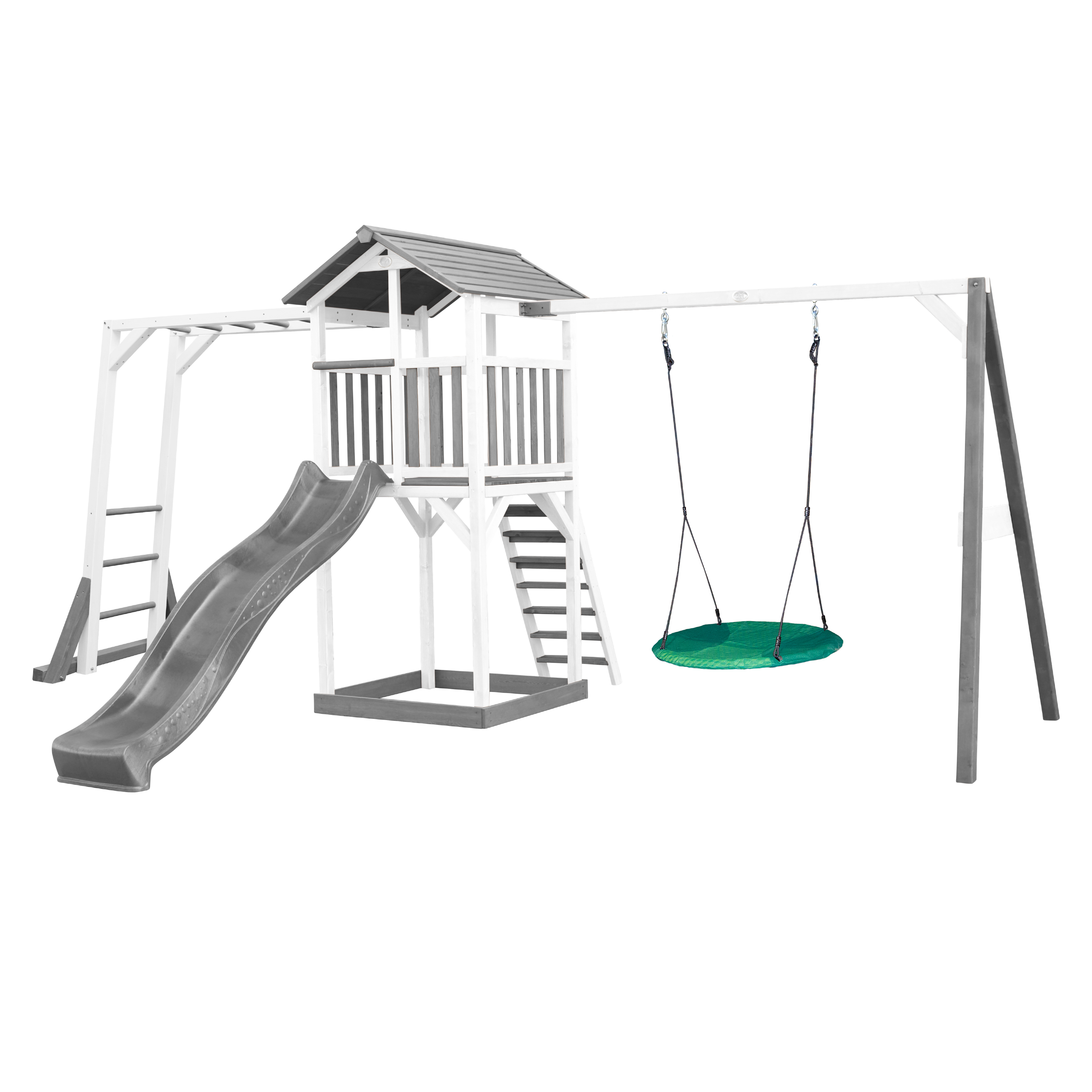 Ein weißes und graues Spielplatzset mit Rutsche, Leiter, Schaukel und einem kleinen Spielhaus.
