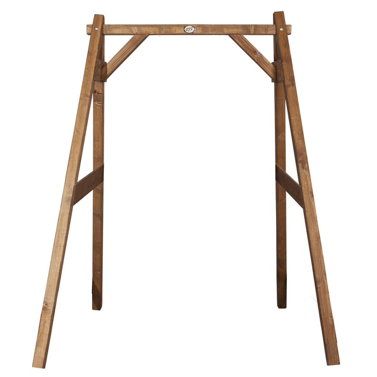Holzschaukelgestell, bestehend aus vier Pfosten, die mit Querbalken verbunden sind.