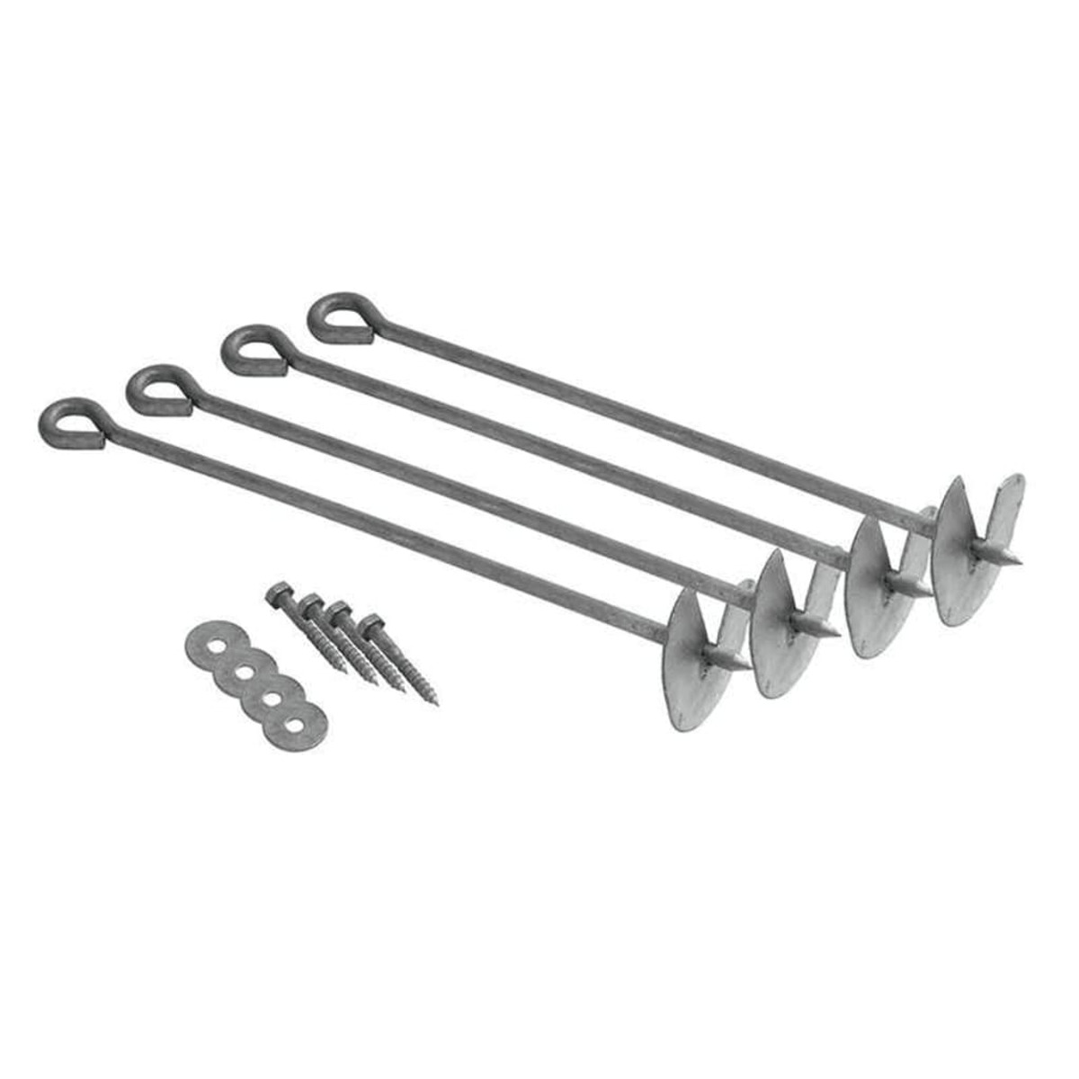 Erdanker aus Metall mit Schrauben und Unterlegscheiben vor weißem Hintergrund.