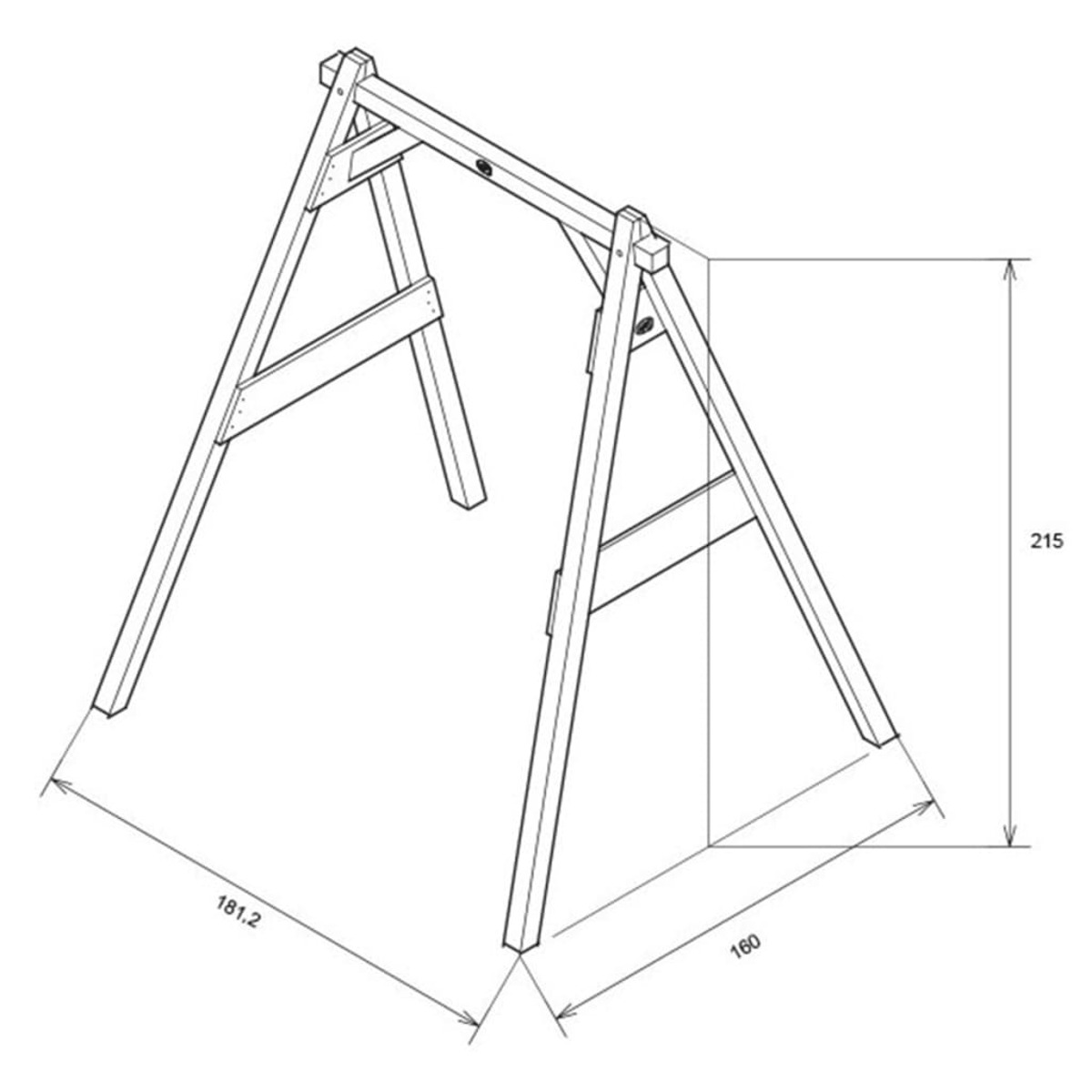 Holzschaukelgestell, schräge Ansicht. Maße 181,2, 160 und 215 cm. Strichzeichnung.