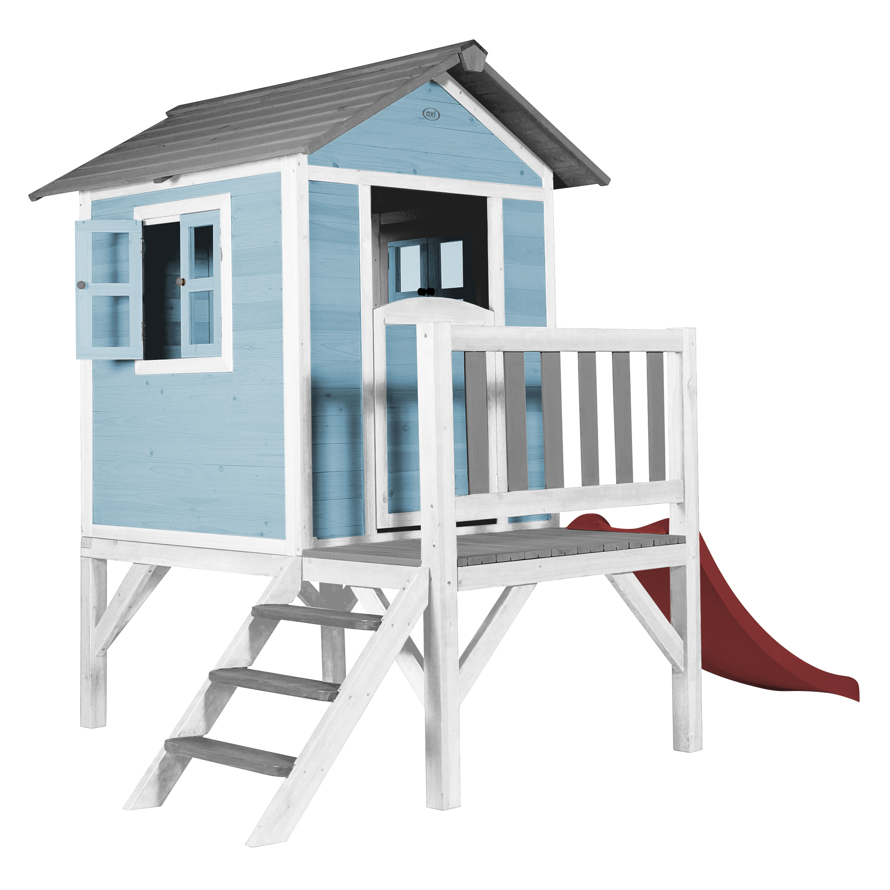 Blaues und weißes Holzspielhaus mit Rutsche. Das Haus hat eine Tür, ein Fenster und Stufen.