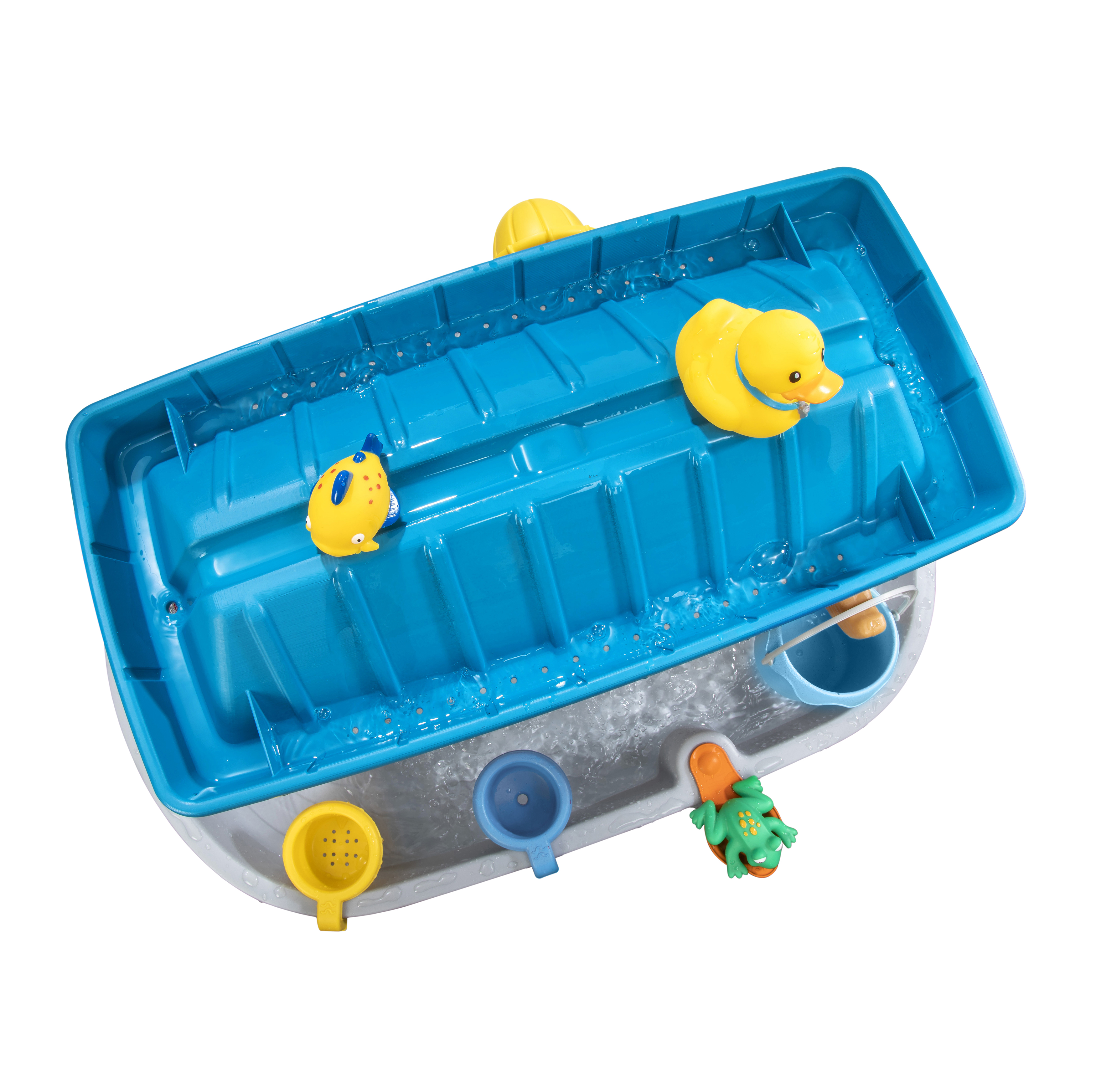 Ein blau-grauer Wassertisch mit Spielzeug.