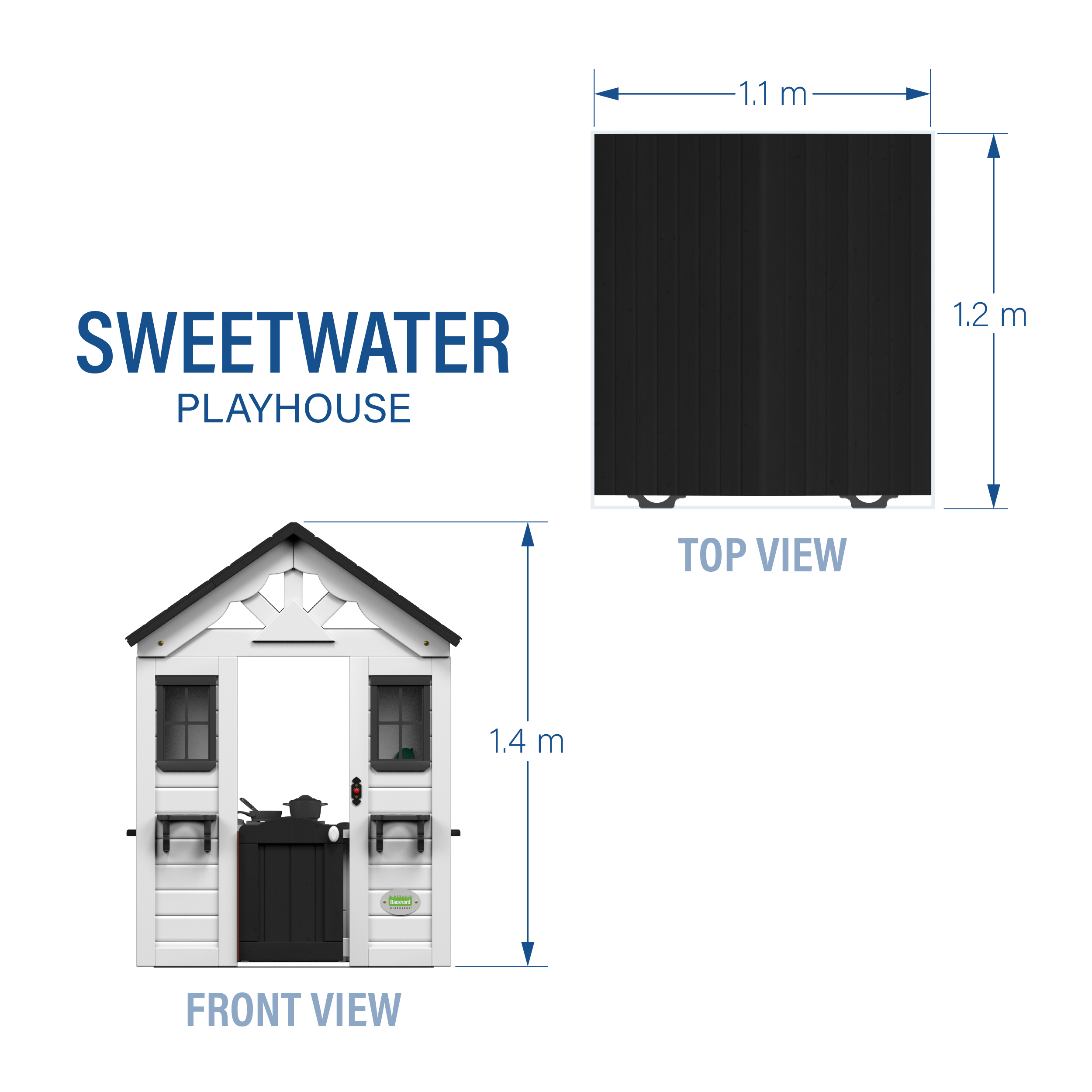 Ein weißes und schwarzes Sweetwater-Spielhaus. Die Vorderansicht zeigt die Tür und die Fenster. Draufsicht zeigt Abmessungen: 1,1 m x 1,2 m.