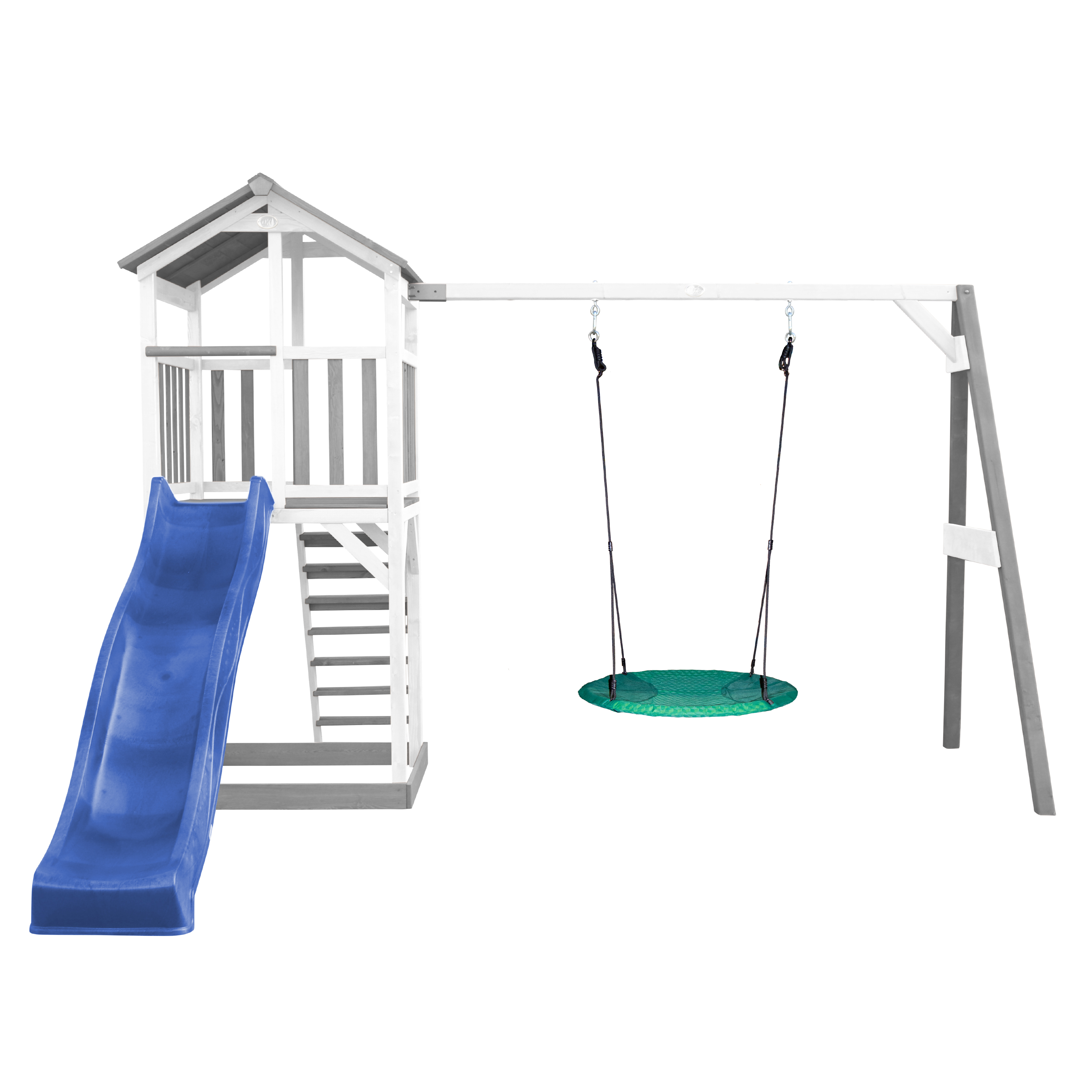 Spielplatz mit Rutsche, Treppe und Schaukel. Die Struktur ist weiß und grau mit einer blauen Rutsche.