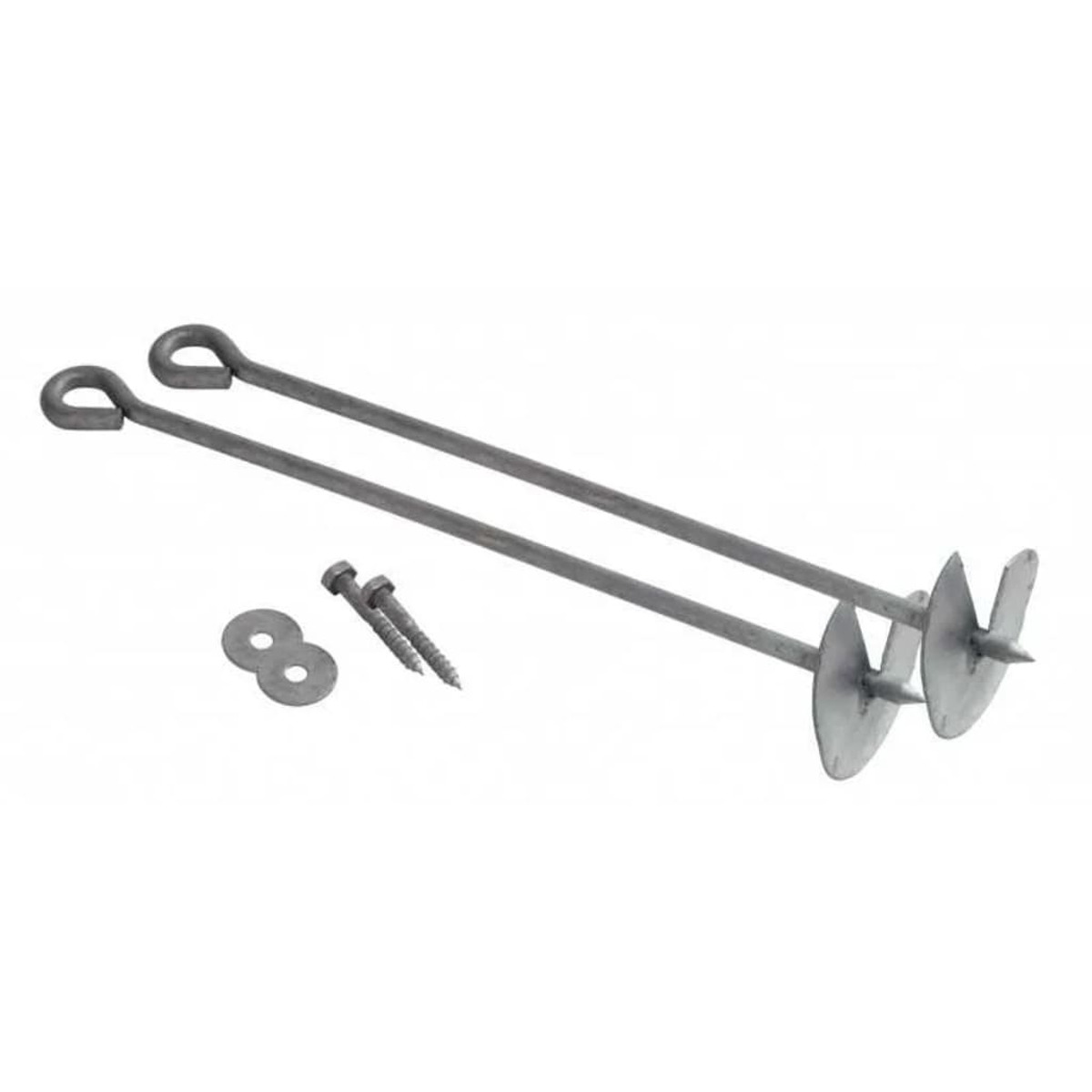 Zwei Erdanker aus Metall mit Ösen, eine Unterlegscheibe und Schrauben vor weißem Hintergrund.
