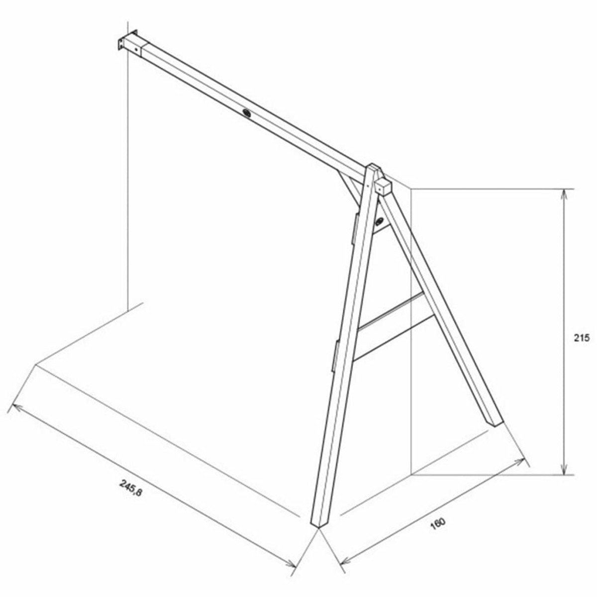 Strichzeichnung eines Schaukelgestells. Zeigt Maße: Höhe 215 cm, Länge 245,8 cm, Breite 160 cm.