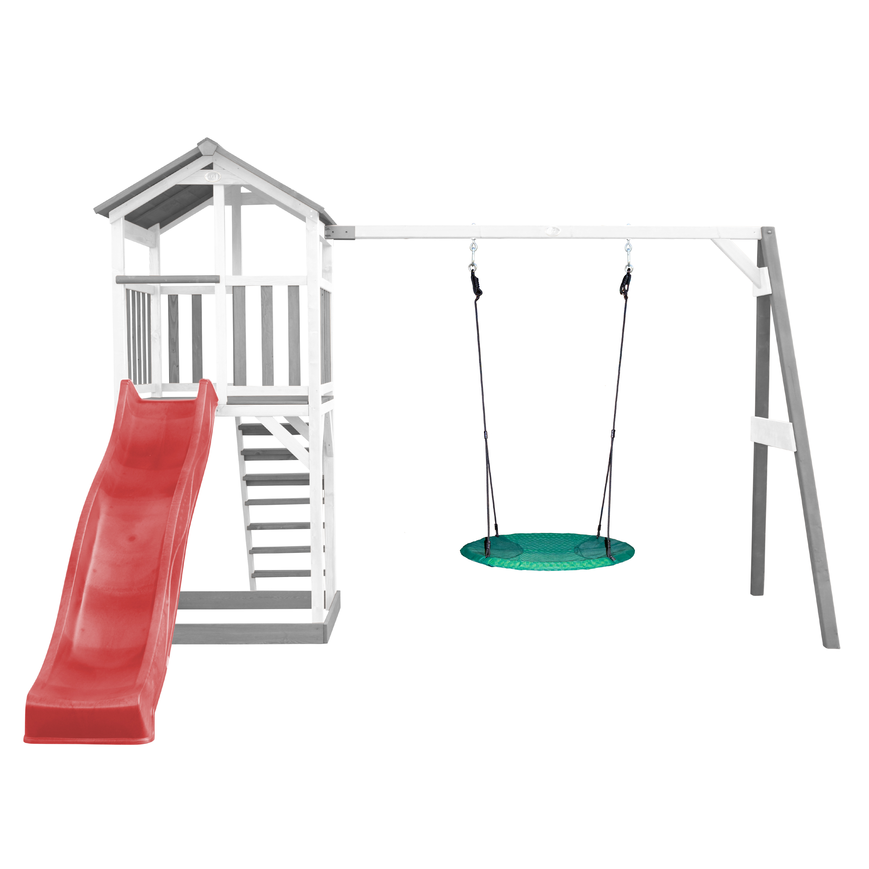 Spielplatz mit Rutsche, Treppe, Schaukel und Spielhaus.