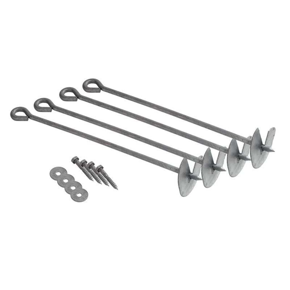 Vier Metall-Erdanker mit Schraube und Unterlegscheiben. Die Anker haben ein Spiraldesign.