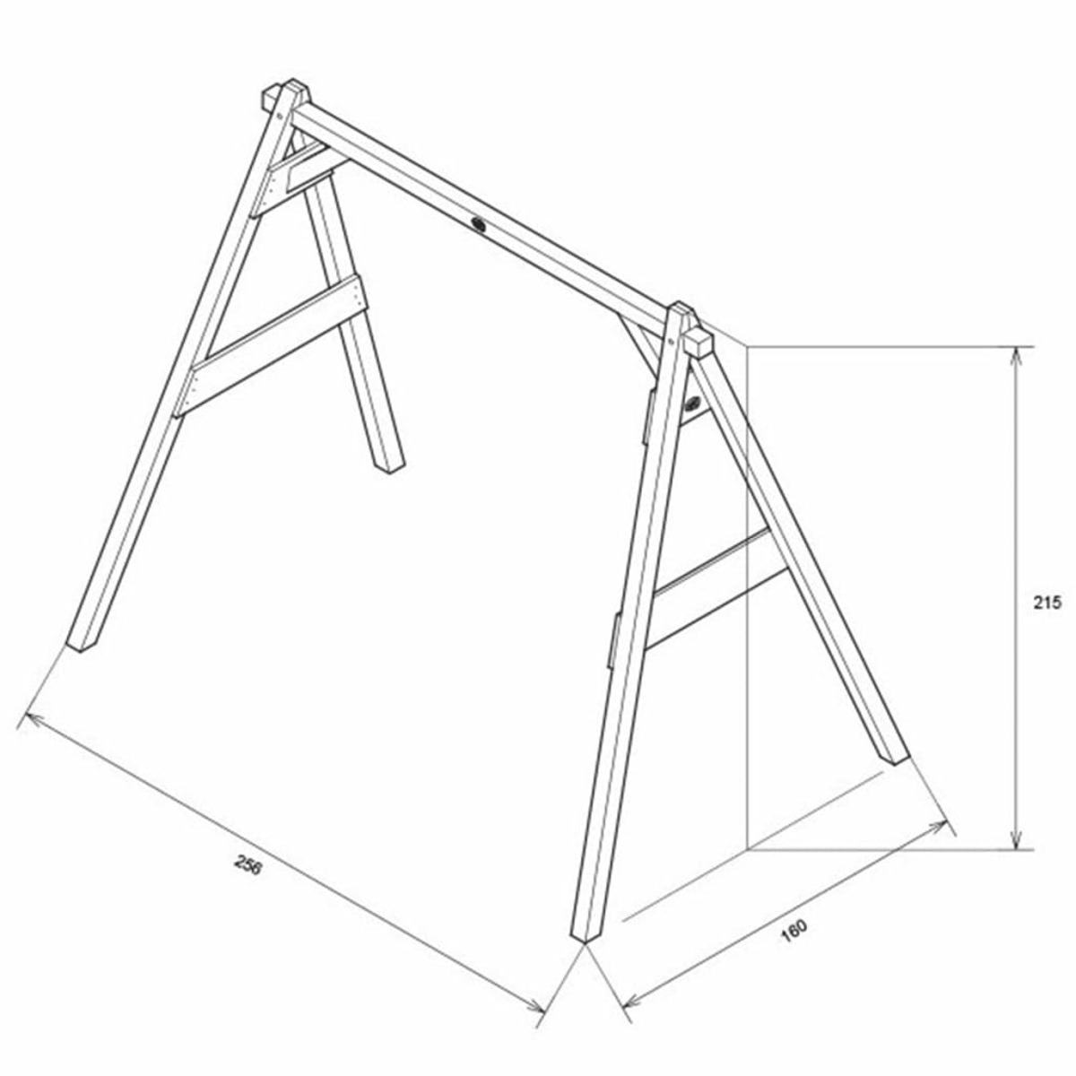 Eine Holzschaukel-Set-Diagramm mit Maßen. Es zeigt die Abmessungen der Struktur.