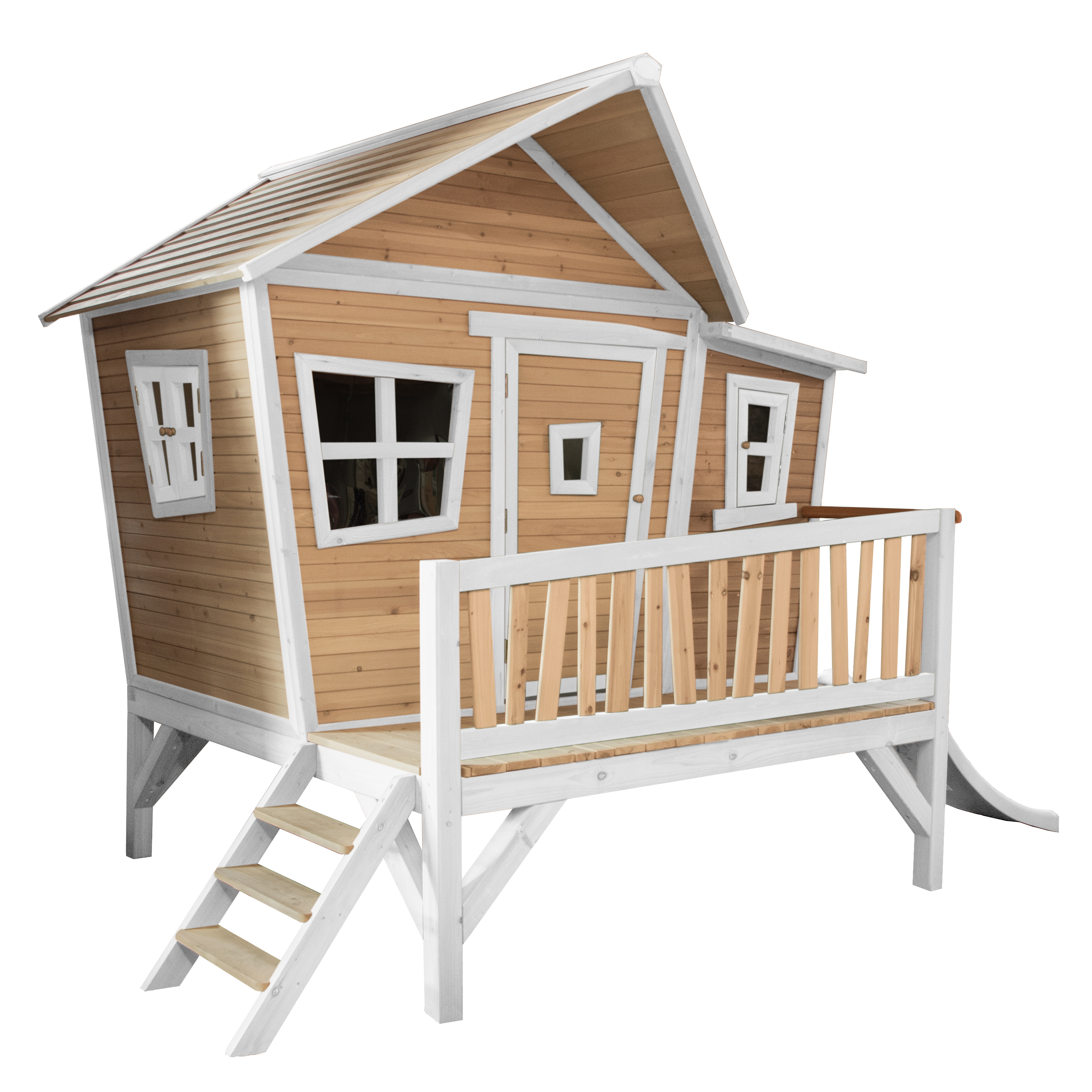 Ein Holzspielhaus mit Veranda und Treppe. Es hat eine hellbraune Außenseite und weiße Verkleidung.