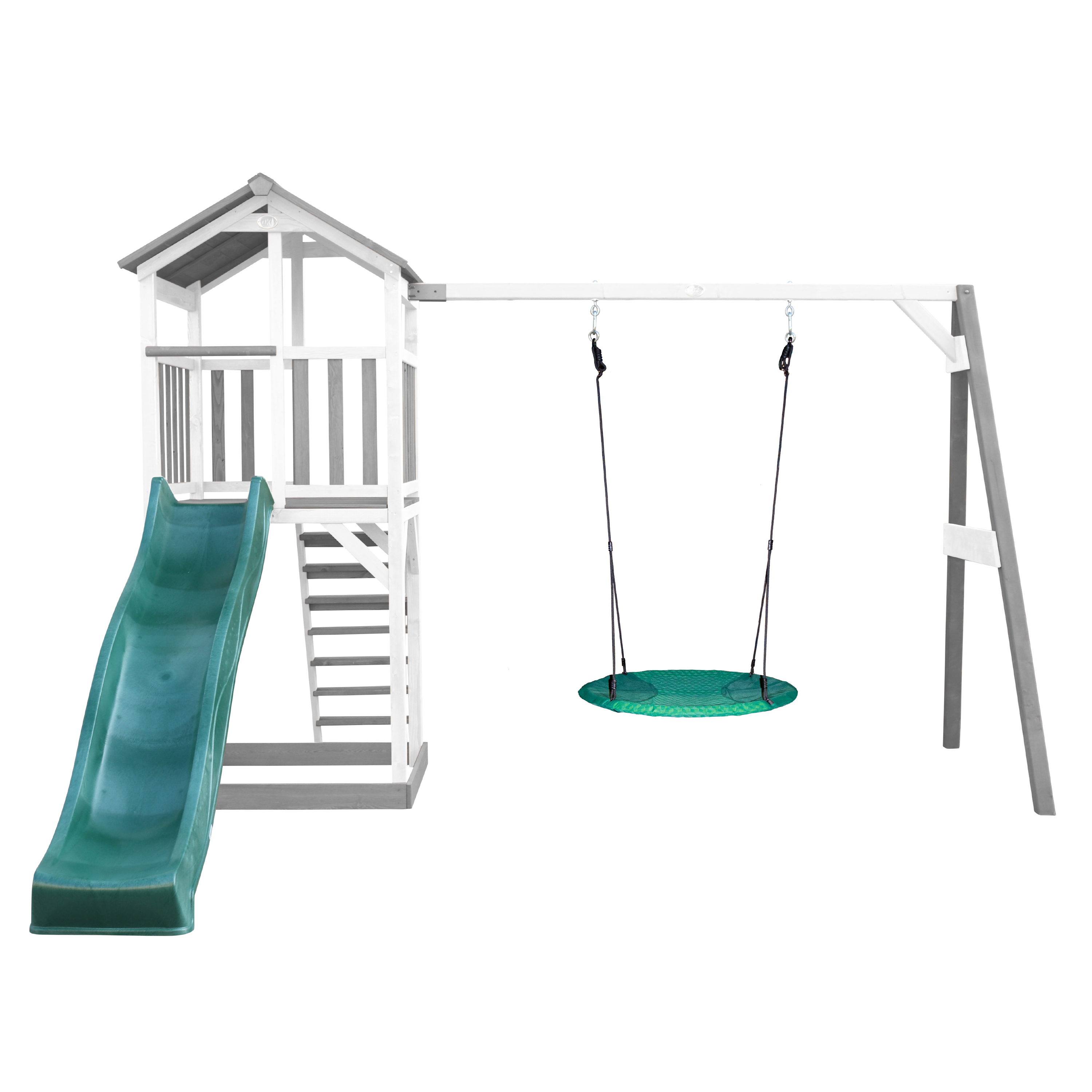 Spielplatz mit Rutsche, Schaukel und kleinem Haus, vor weißem Hintergrund.