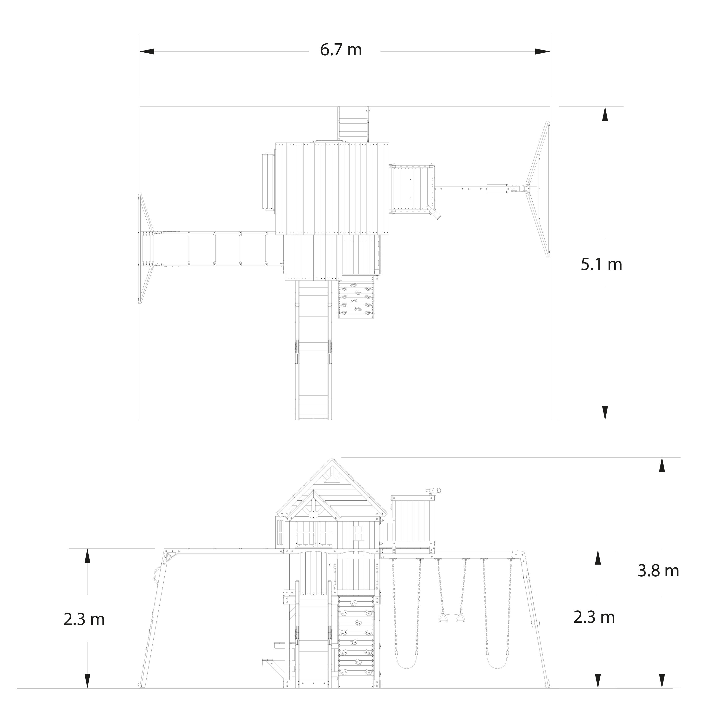 Draufsicht und Seitenansicht eines Spielplatzes aus Holz mit Rutsche, Schaukeln und Kletterelementen.