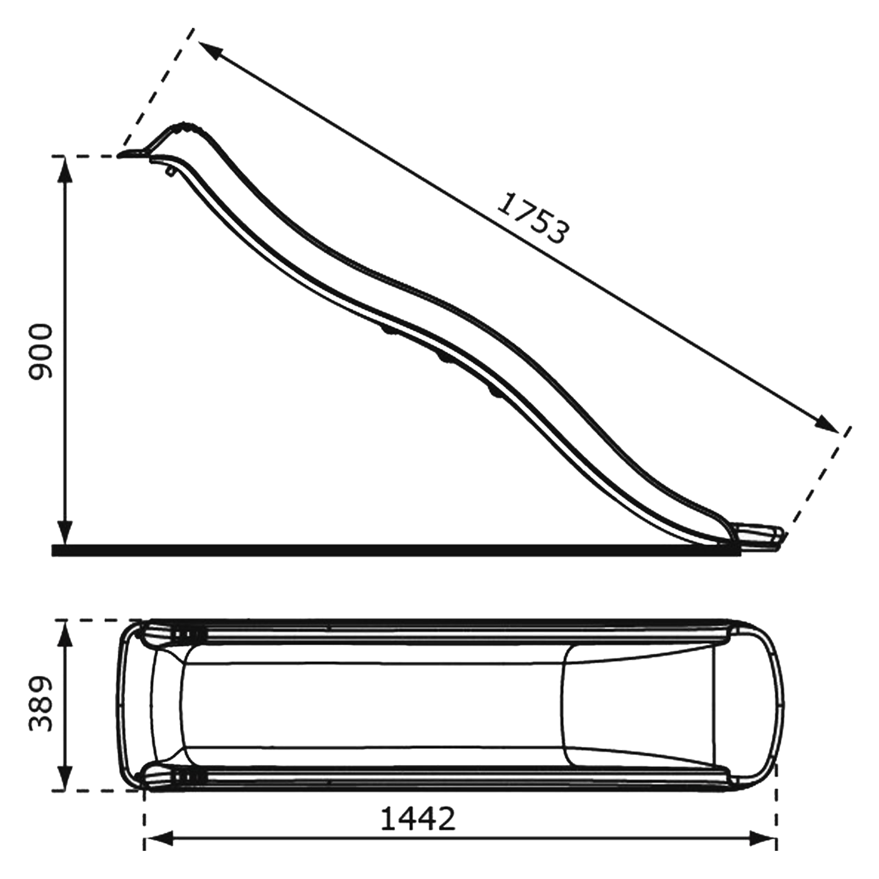 Diagramm einer Rutsche mit Maßen. Draufsicht und Seitenansicht.