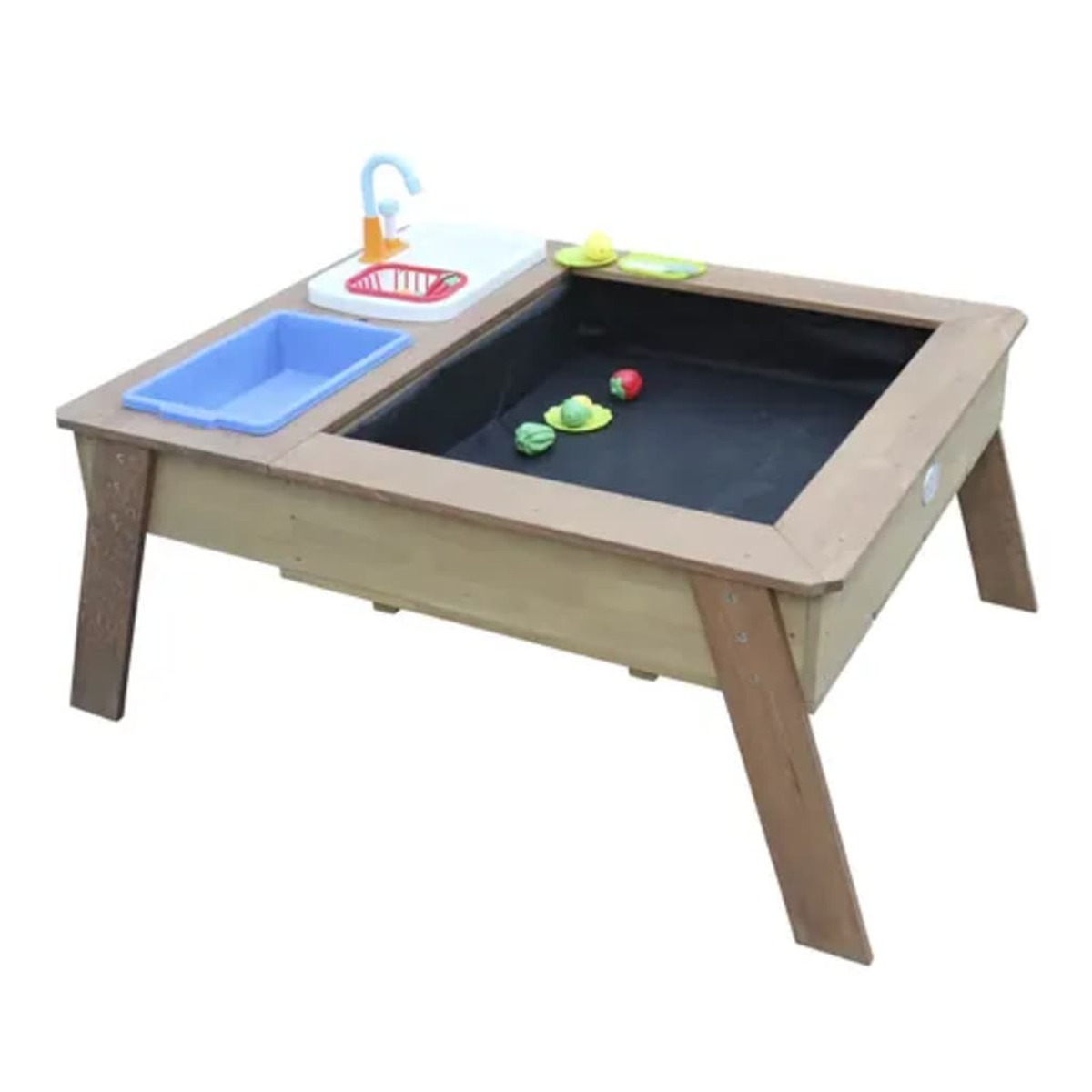 Sandkasten aus Holz mit Waschbecken, Wasserhahn und Spielzeug.