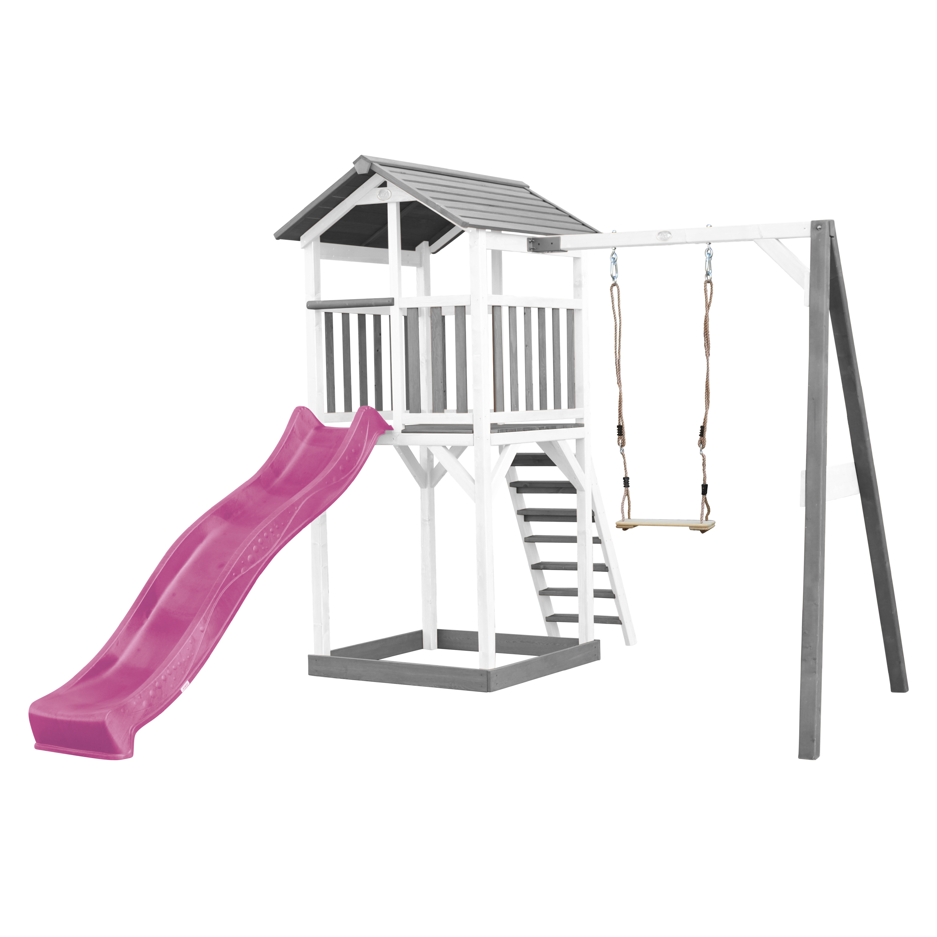 Spielplatz aus Holz mit Rutsche, Schaukel und kleinem Gebäude mit Dach.