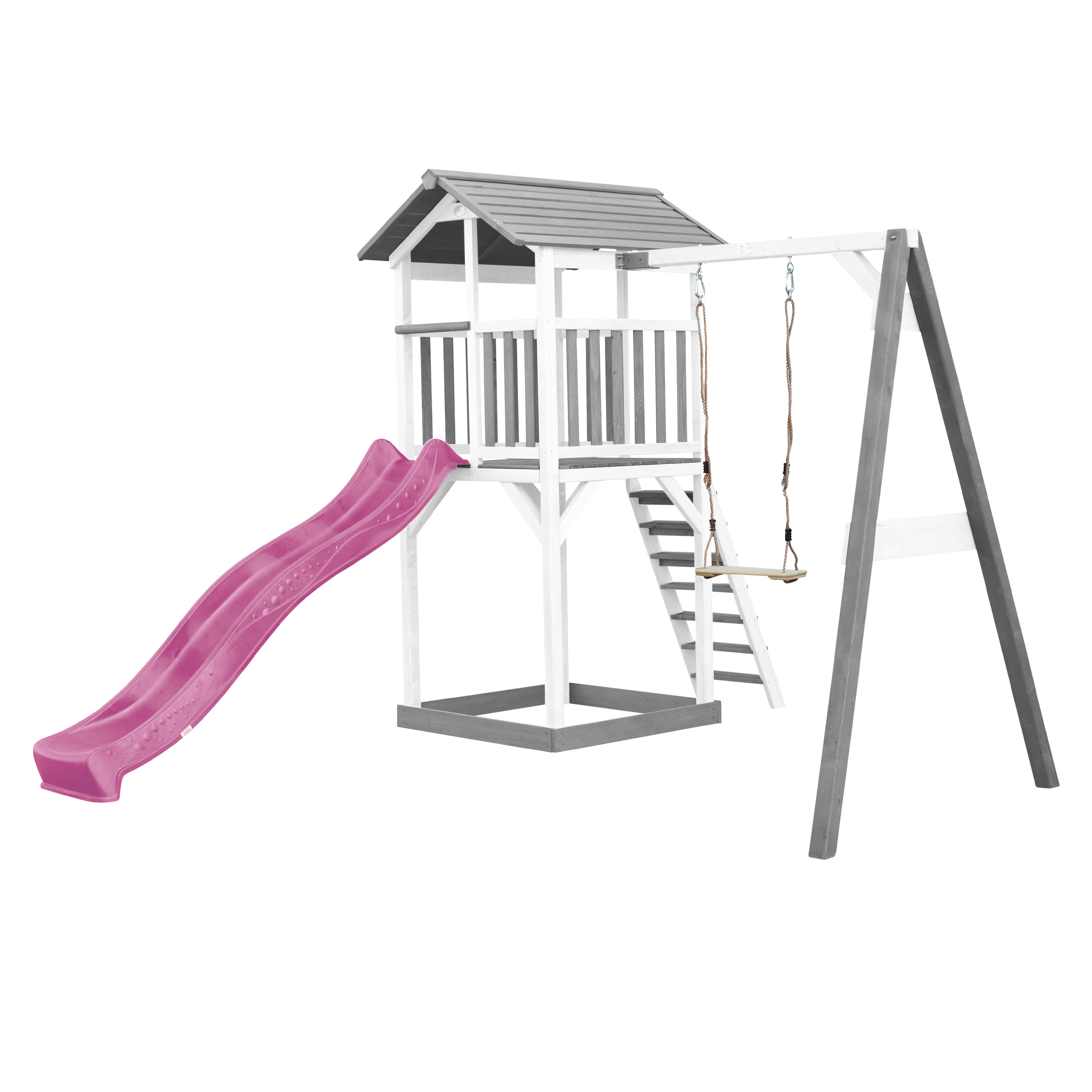 Ein Spielplatz mit rosa Rutsche, Schaukel und kleinem Holzturm mit Leiter.