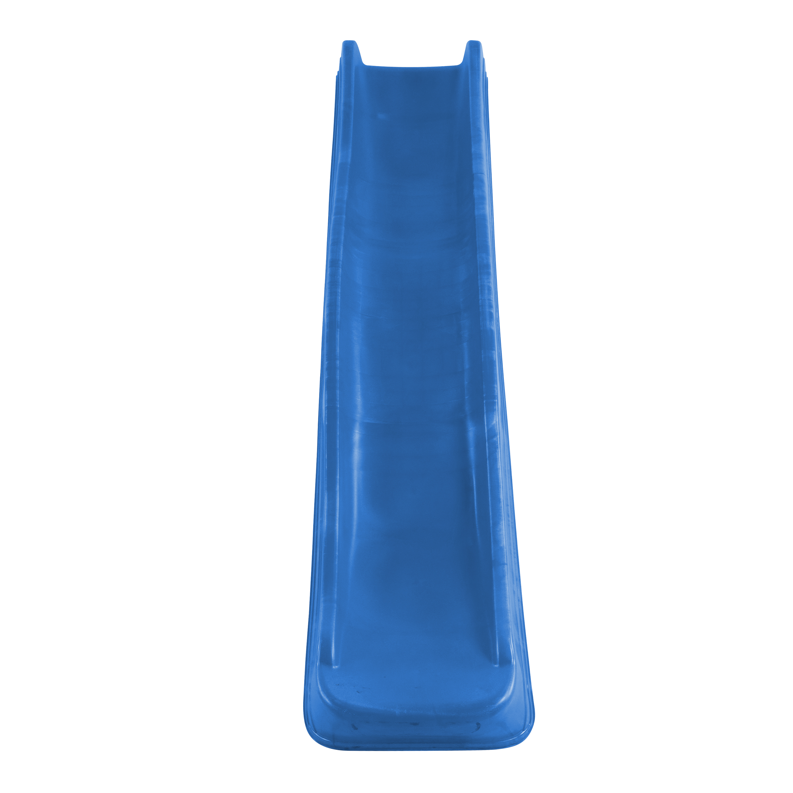 Blaue Kunststoff-Spielplatzrutsche. Es ist eine lange Rutsche mit glatter Oberfläche.