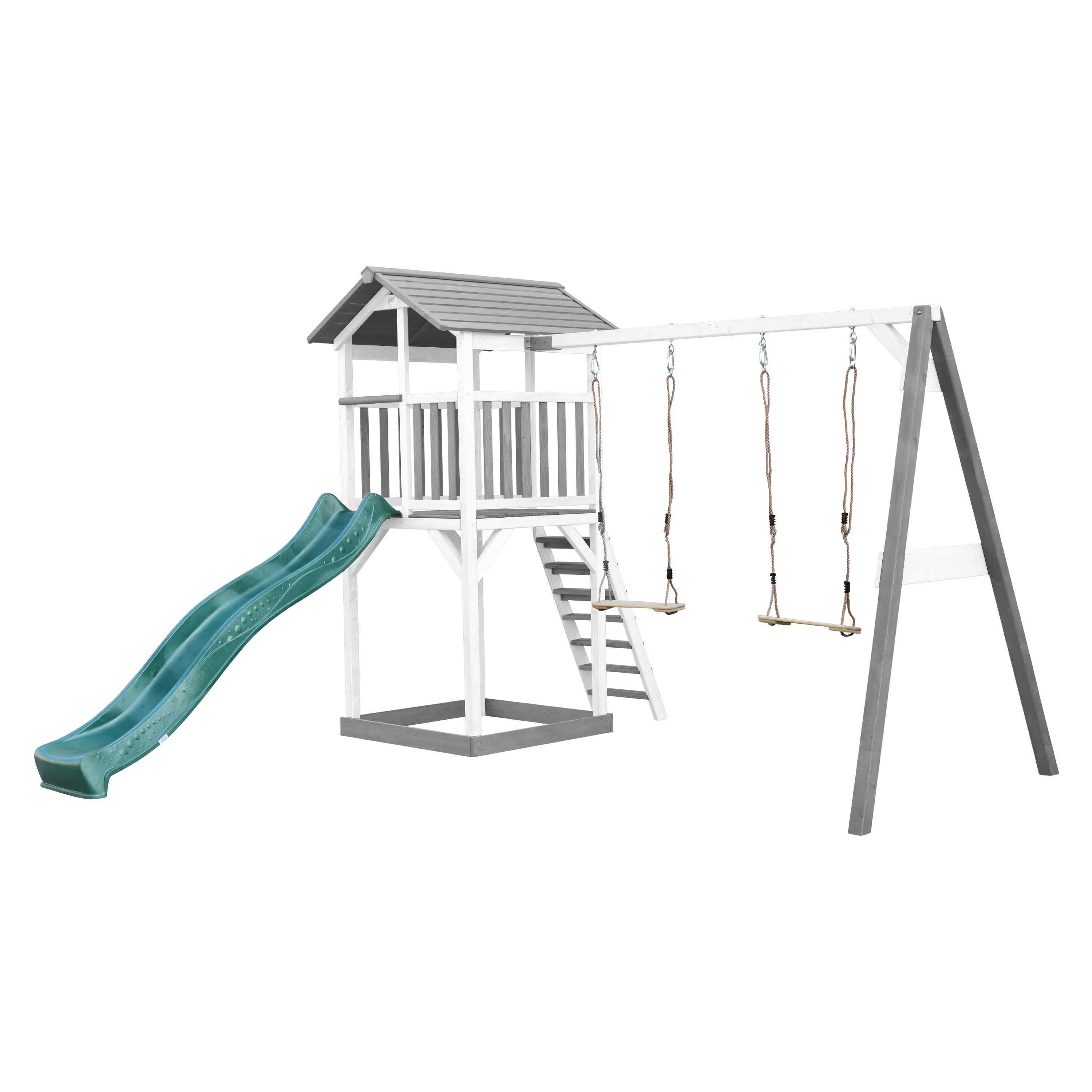 Spielset mit Rutsche, Schaukel und kleinem Haus. Weiße und graue Farben.