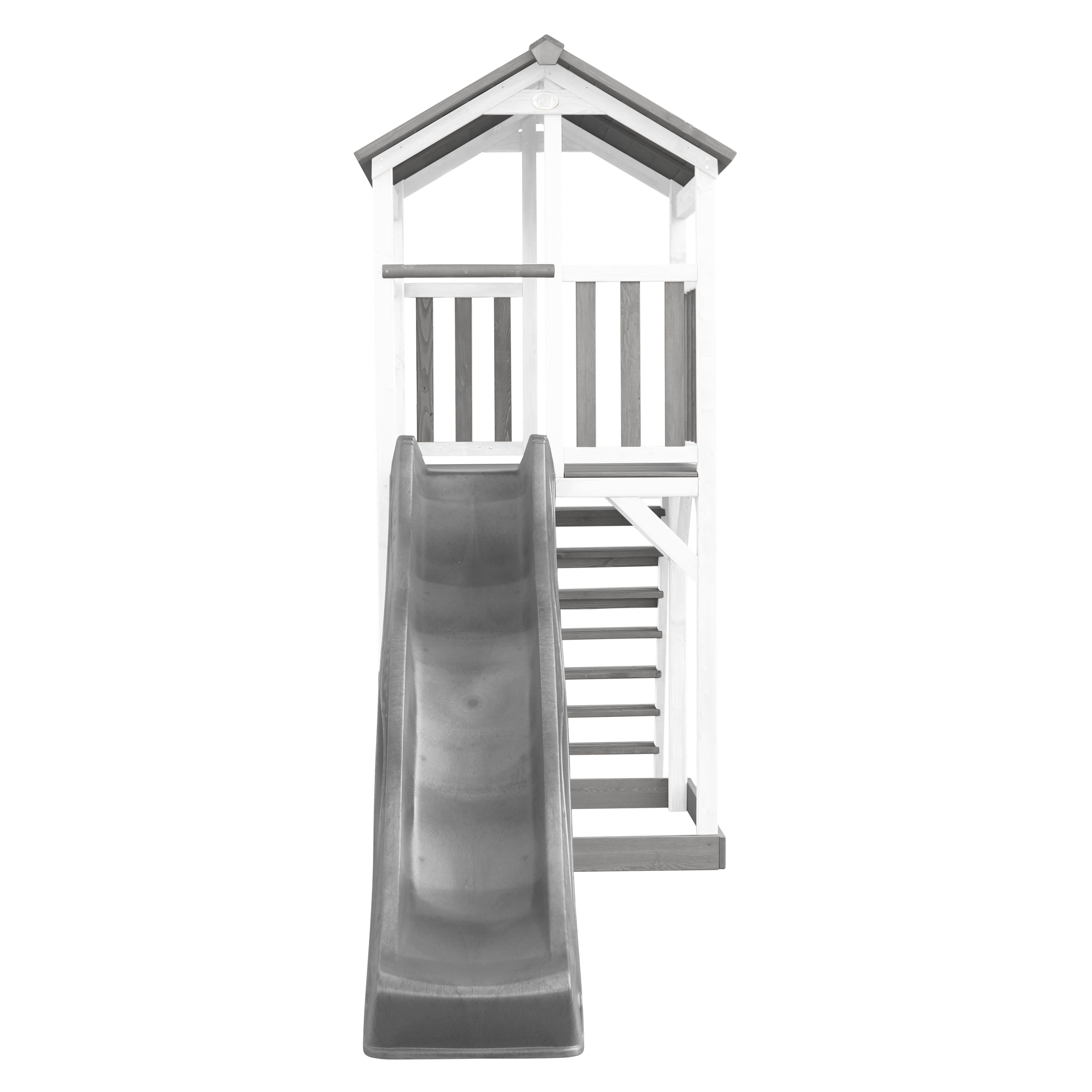 Ein schwarz-weißes Spielhaus mit Rutsche und Treppe, isoliert auf weißem Hintergrund.