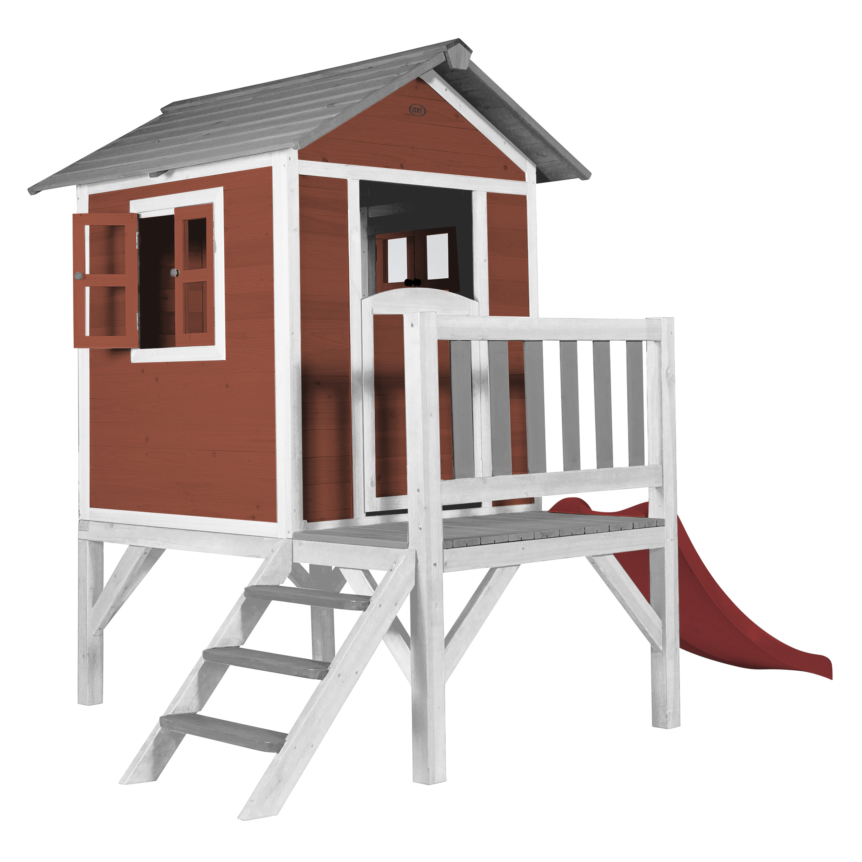 Ein hölzernes Spielhaus mit roter Rutsche und Treppe. Das Haus ist braun mit weißen Zierleisten.