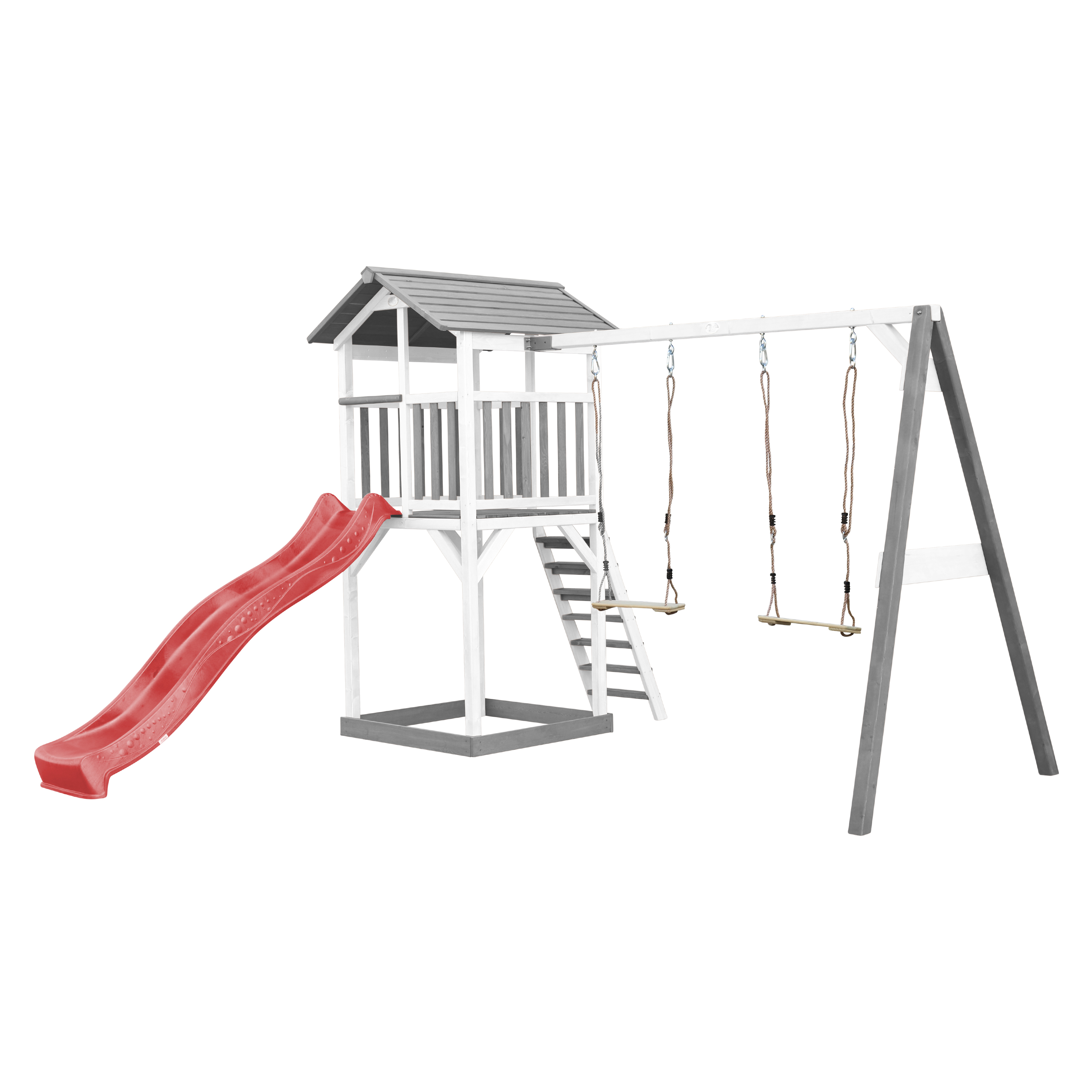 Holzspielplatz mit Rutsche, Treppe zu einer Plattform und Schaukeln. Graues Dach und weiße Struktur.