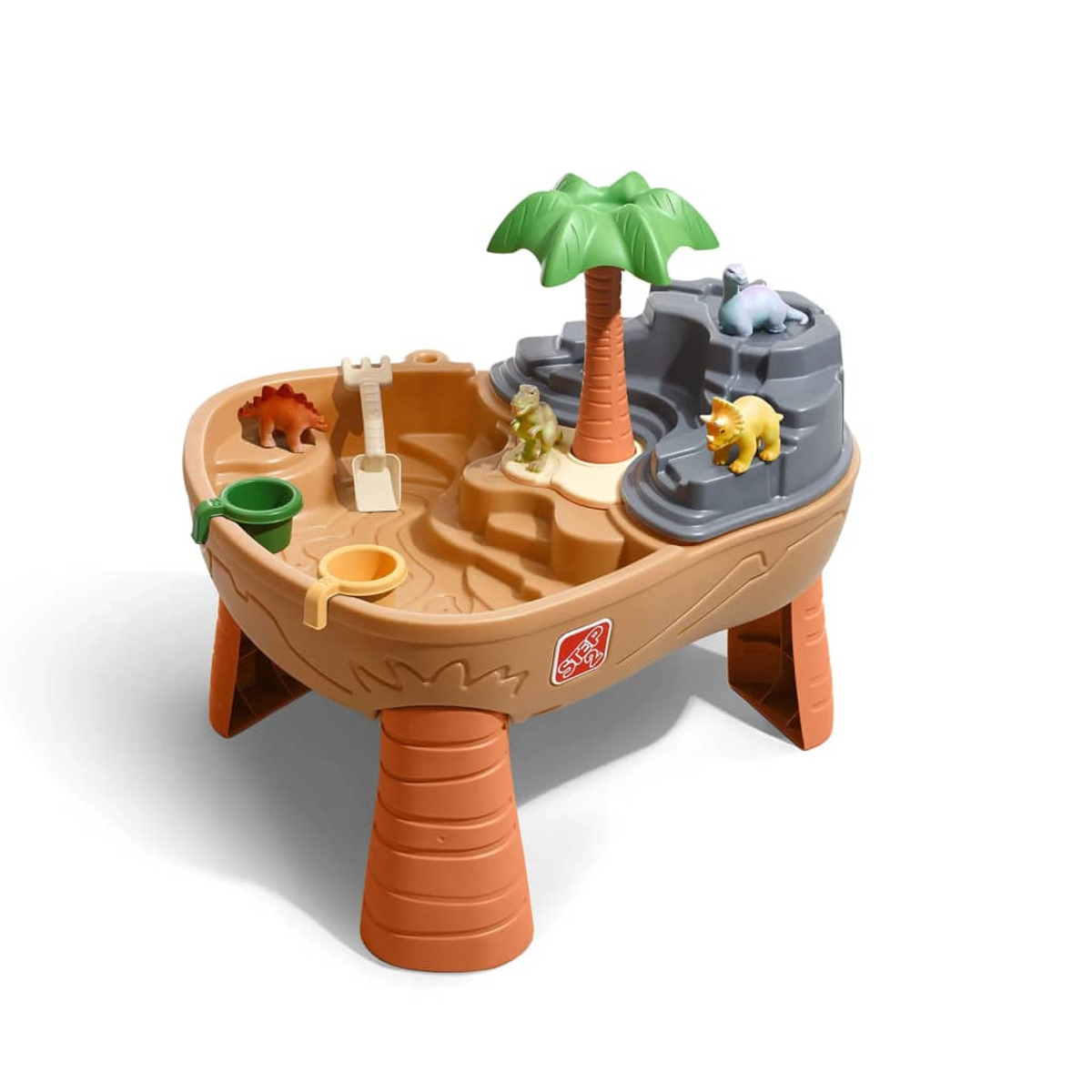 Dinosaurier-Sandtisch mit Zubehör. Enthält Dinosaurier, einen Baum und Werkzeuge. Braune und grüne Farben.
