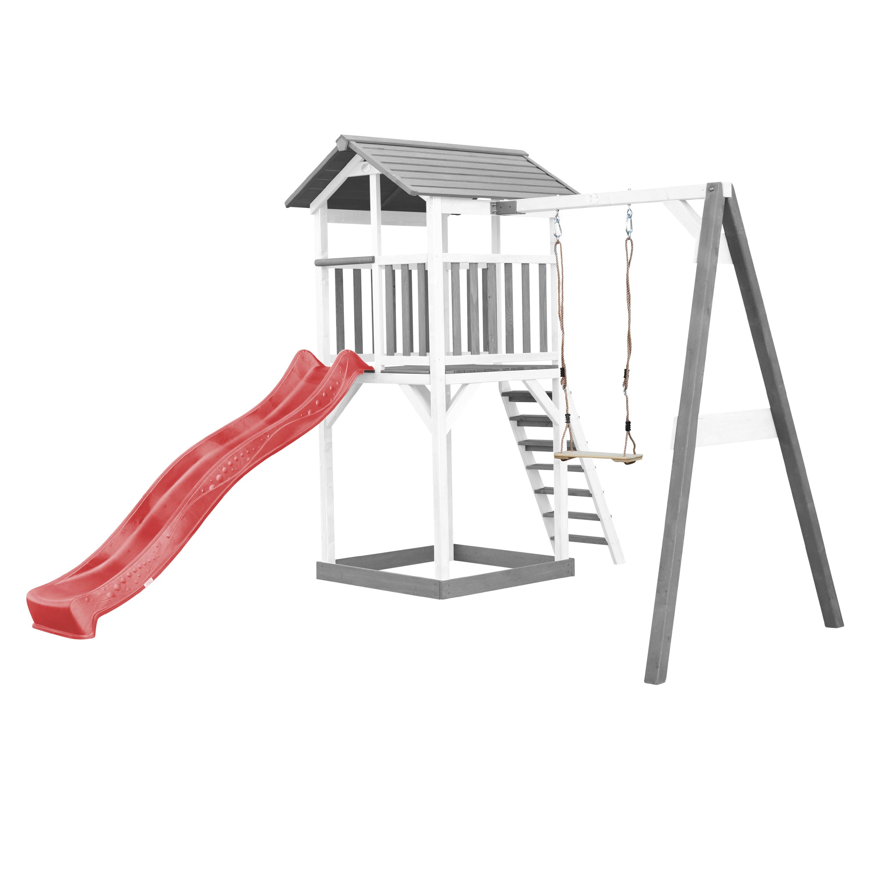 Spielplatz mit Rutsche, Schaukel und Klettergerüst. Weiß, Grau und Rot. Isoliert.