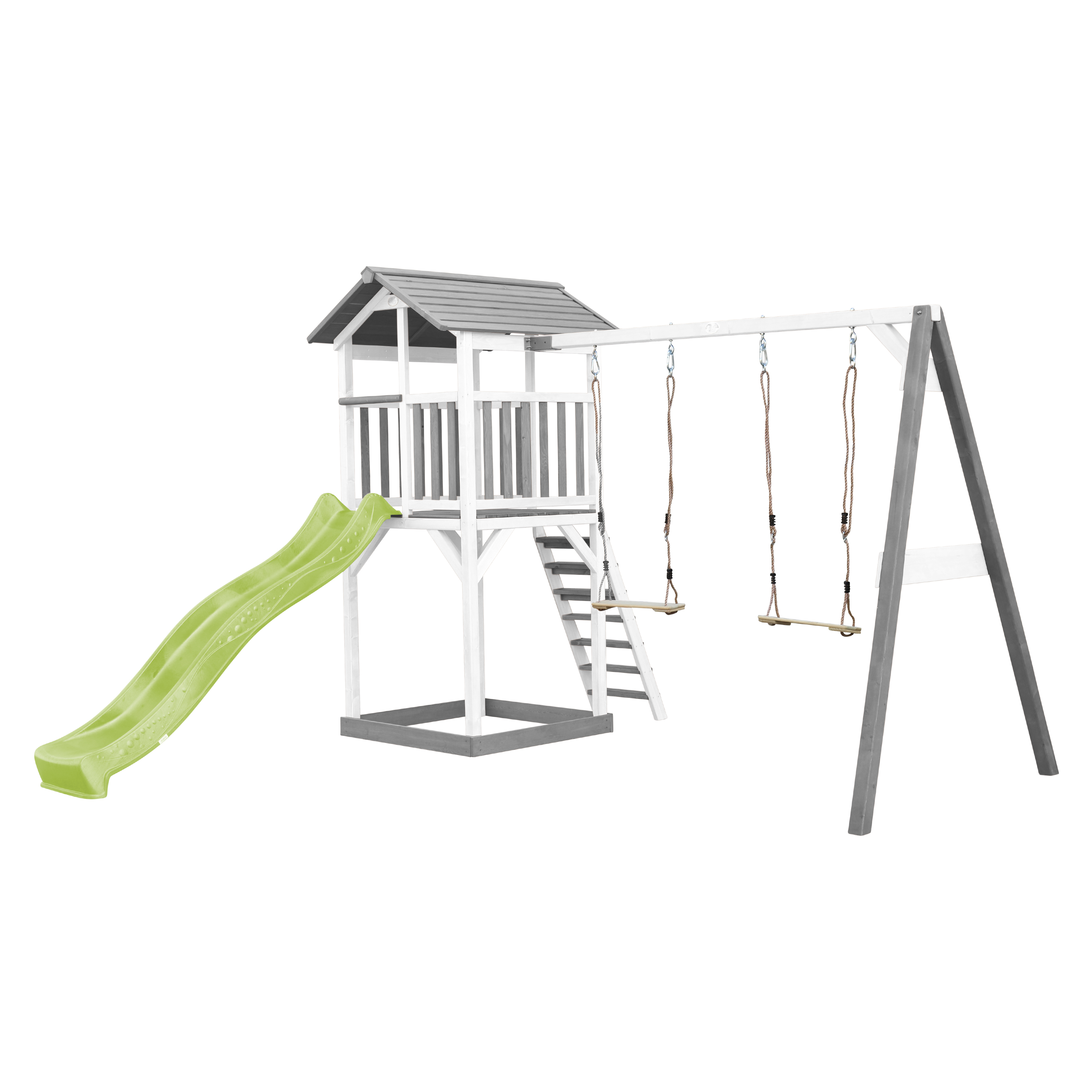 Spielset mit Rutsche und zwei Schaukeln, graues Dach und Holzleiter.