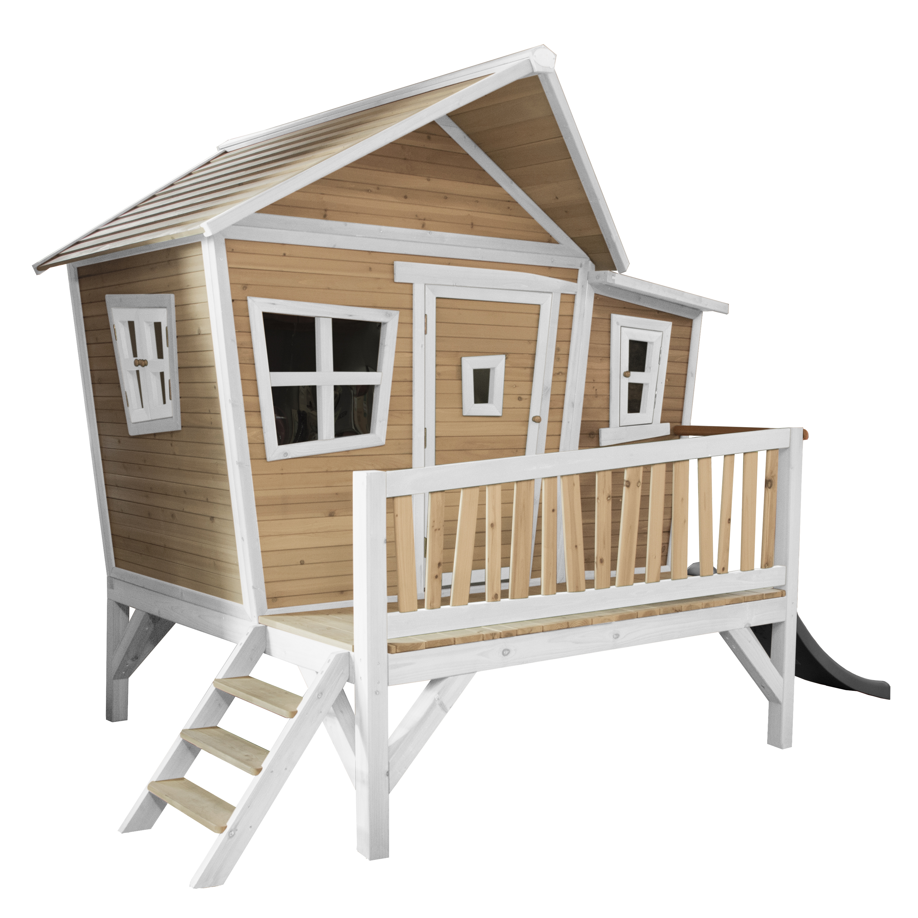 Spielhaus aus Holz mit Rutsche, Fenster und Treppe. Es hat eine braune und weiße Außenansicht.