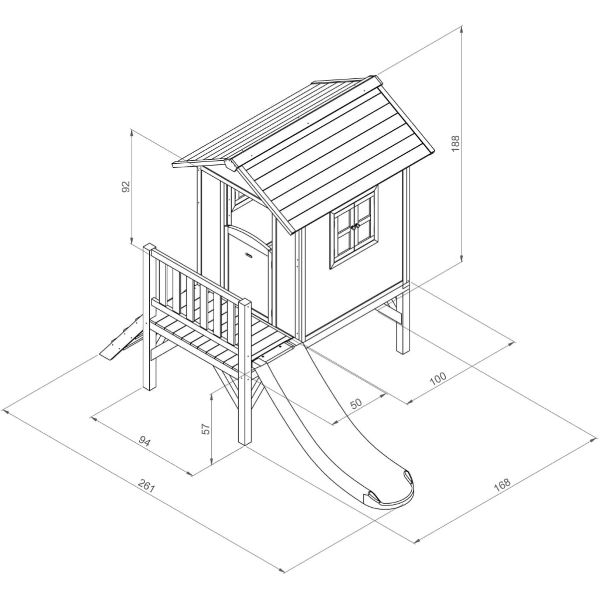 Spielhaus-Schema mit Abmessungen und Rutsche.