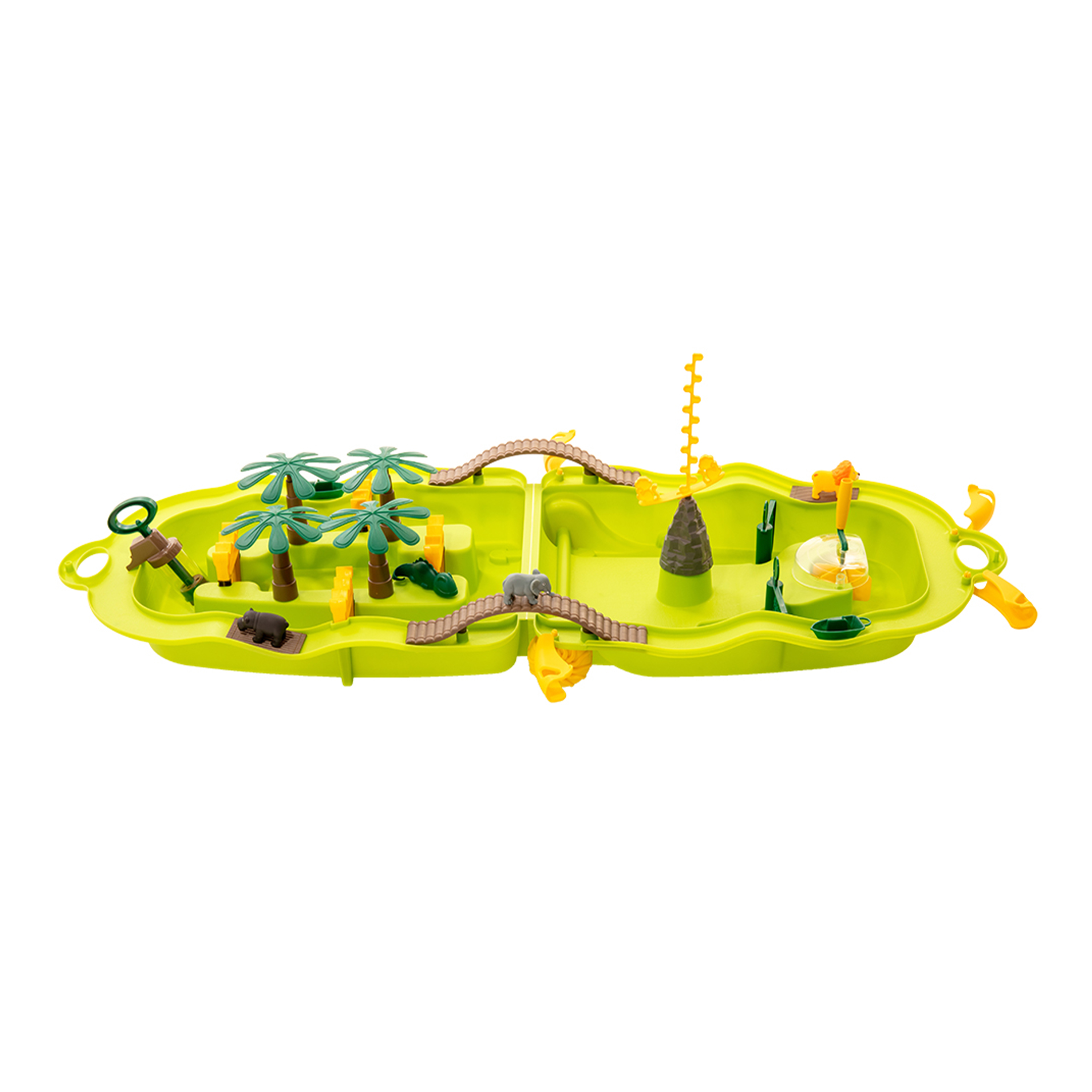 Grünes Kunststoff-Spielset mit Palmen, Brücke und Tierfiguren darin.