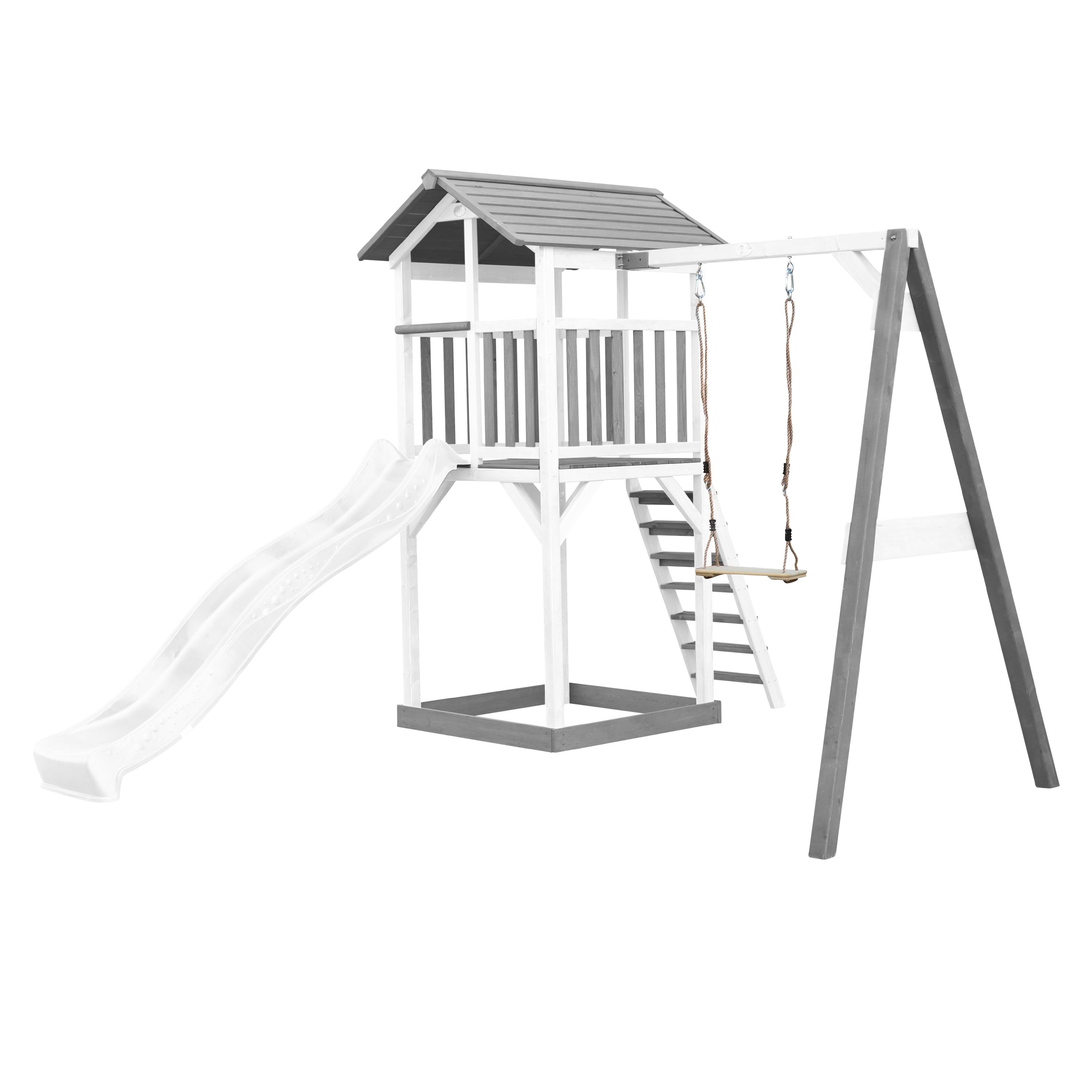 Ein hölzernes Spielset mit Rutsche, Schaukel und einem kleinen Turm mit grauem Dach. Das Set hat ein weißes und graues Farbschema.