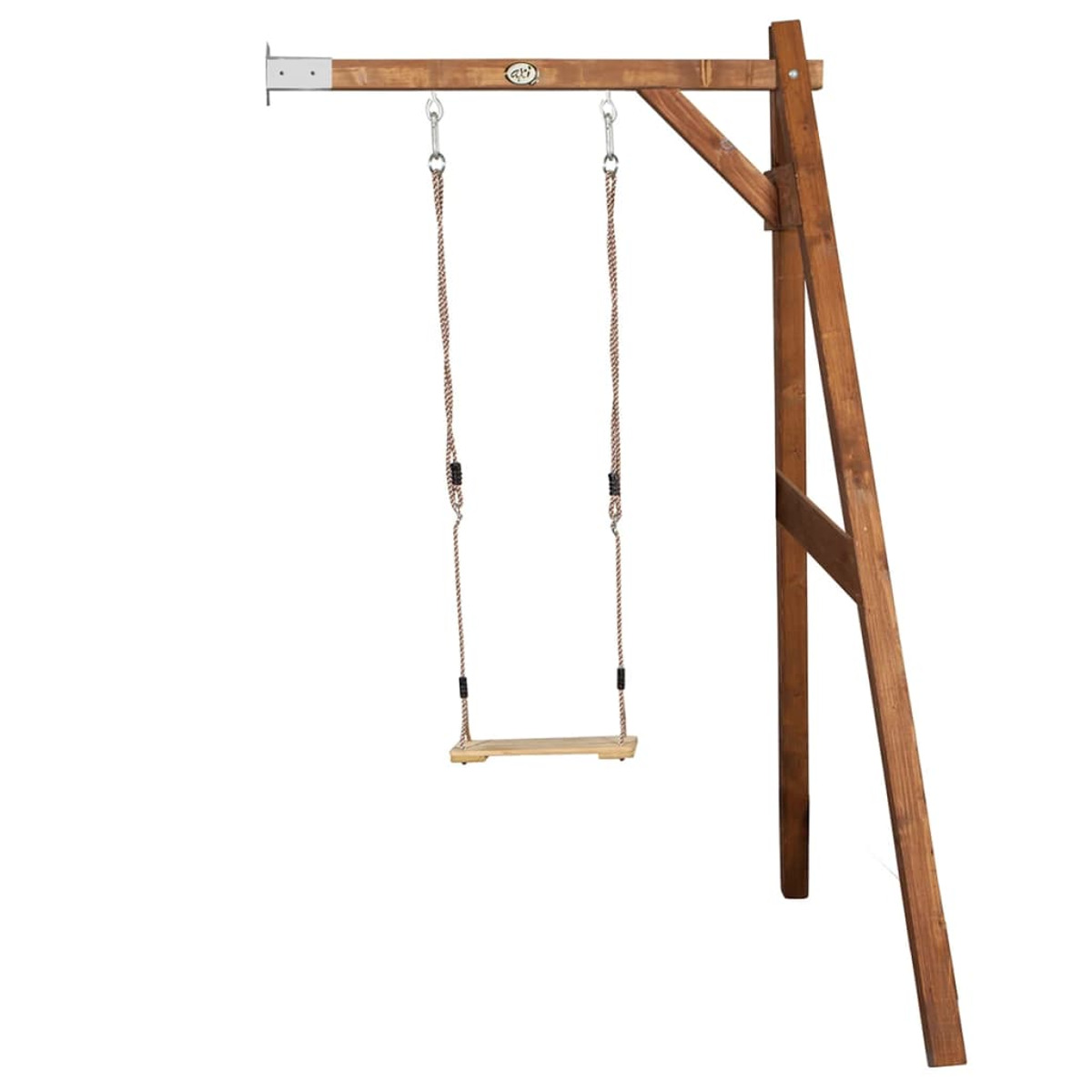 Schaukelgestell aus Holz mit zwei Schaukeln. Der Rahmen ist braun, die Schaukeln hängen an Seilen.