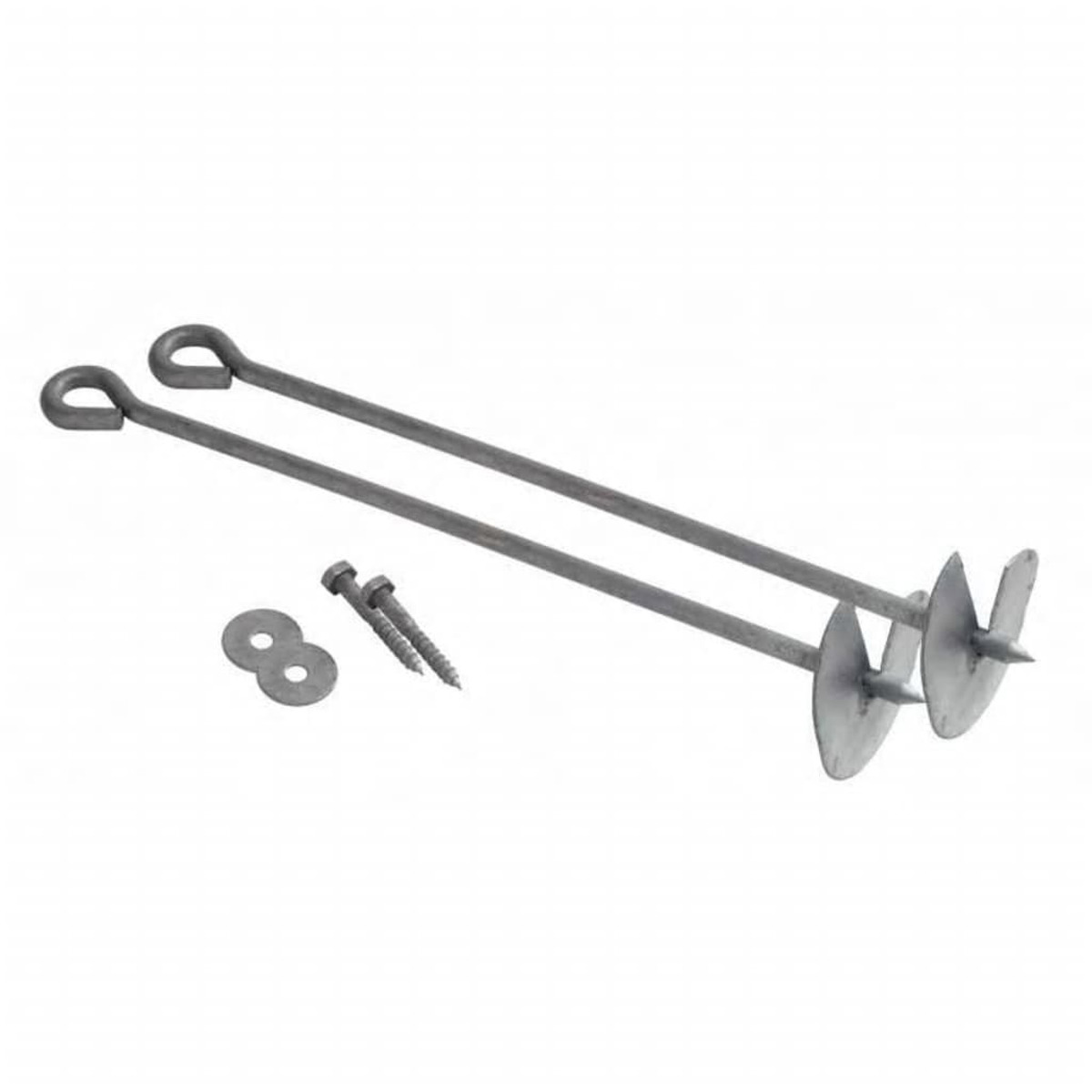Zwei Metall-Erdanker mit Ösen, Schrauben und einer Unterlegscheibe auf weißem Untergrund.