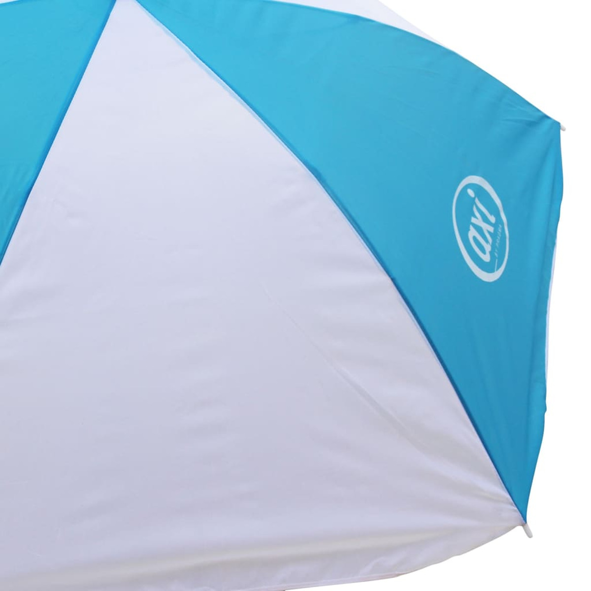 Blau-weißer Regenschirm, teilweise geöffnet. Mit dem „axi“-Logo in einem weißen Kreis.