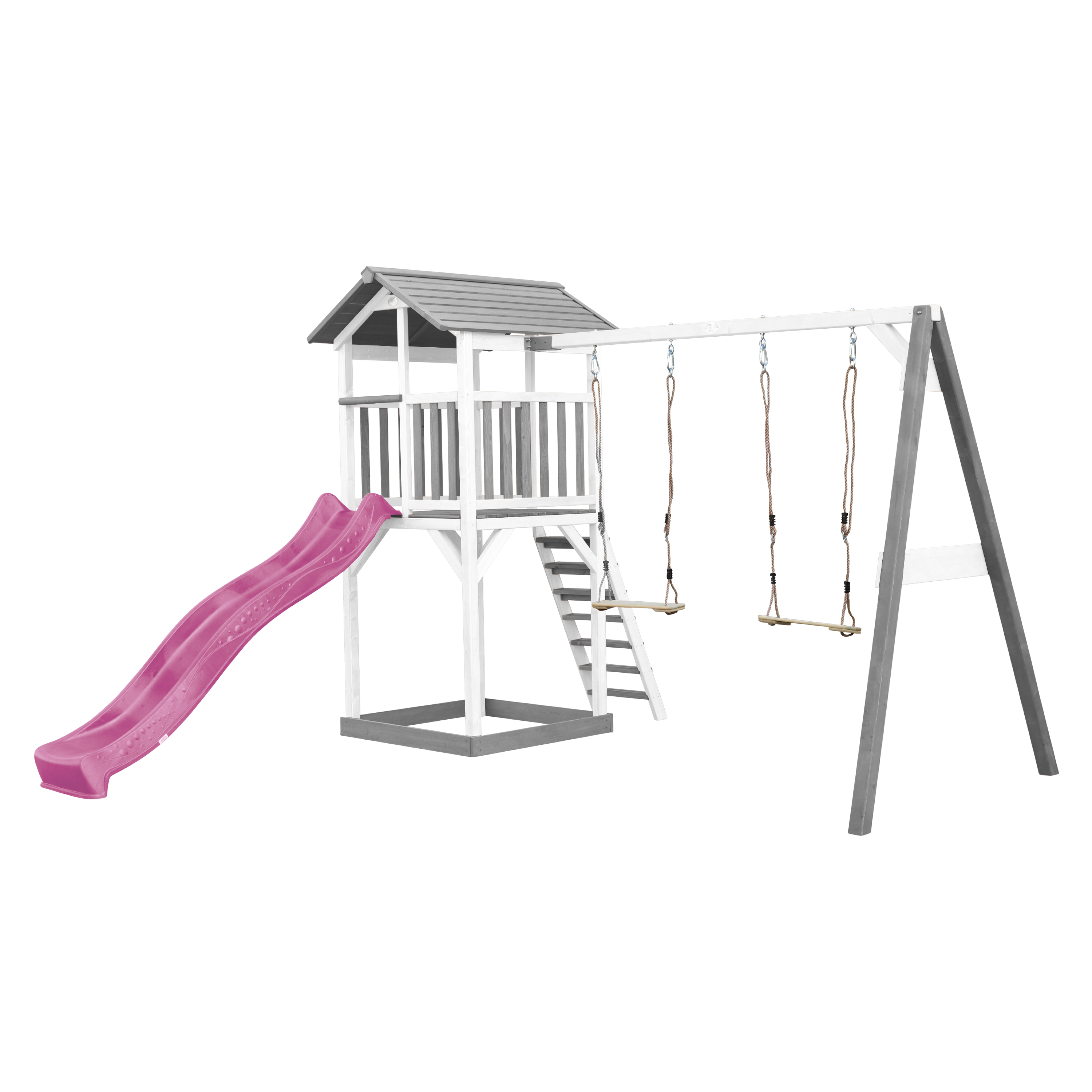 Ein Spielplatz mit Rutsche, Schaukel und einem kleinen Spielhaus.