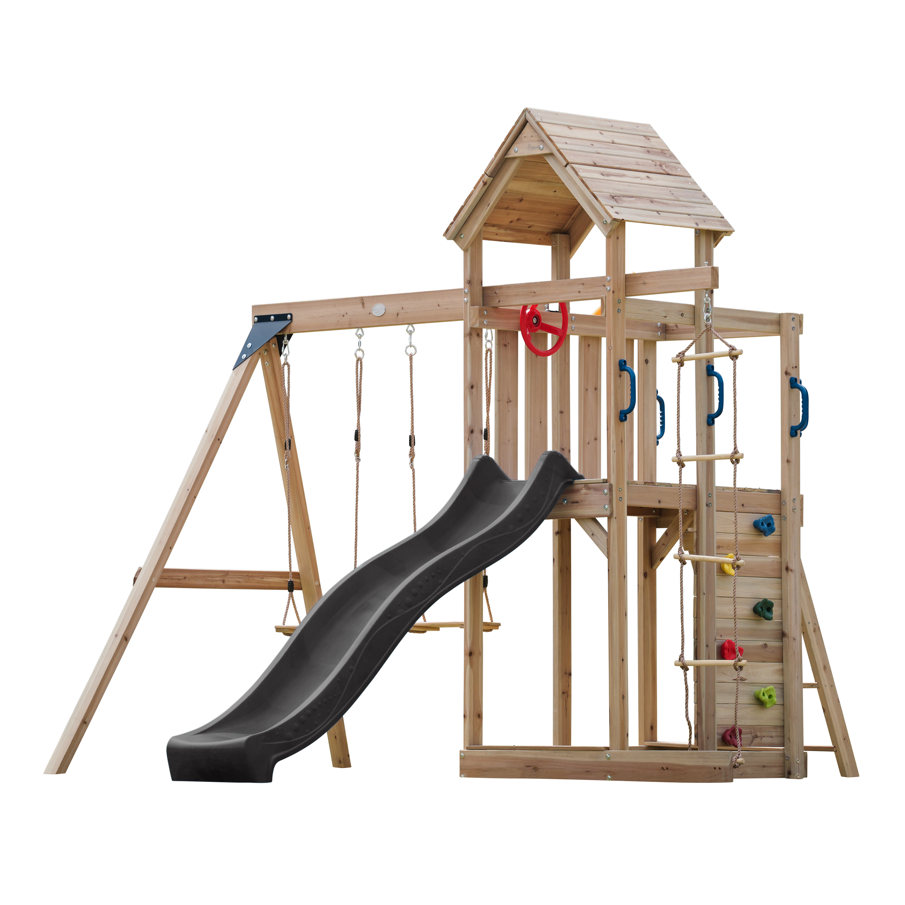 Holzspielplatz mit Rutsche, Schaukeln, Kletterwand. Braunes Holz mit roten und blauen Akzenten.