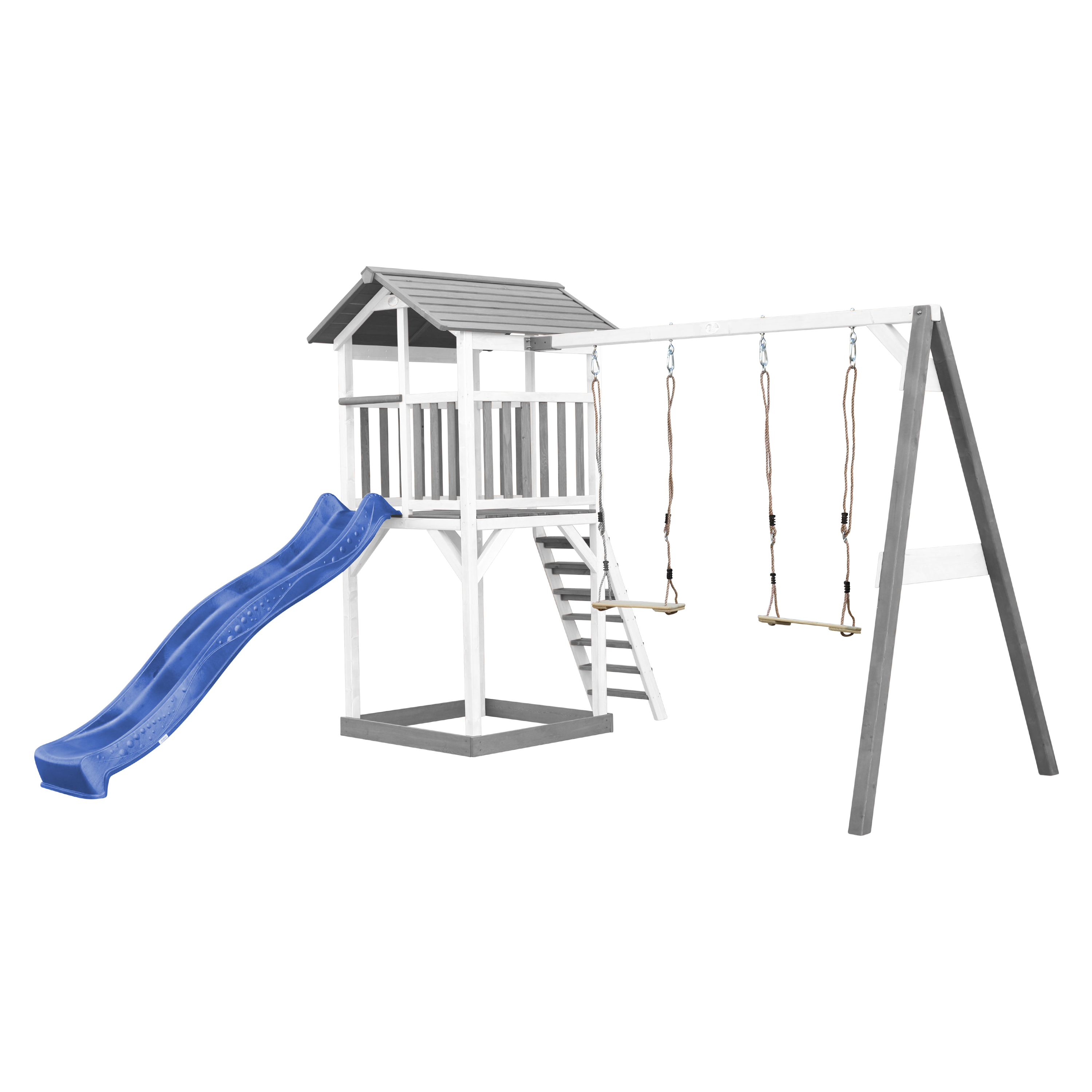 Spielplatz aus Holz mit Rutsche, Turm, Treppe und Schaukeln. Grau-weißes Farbschema. Weißer Hintergrund.