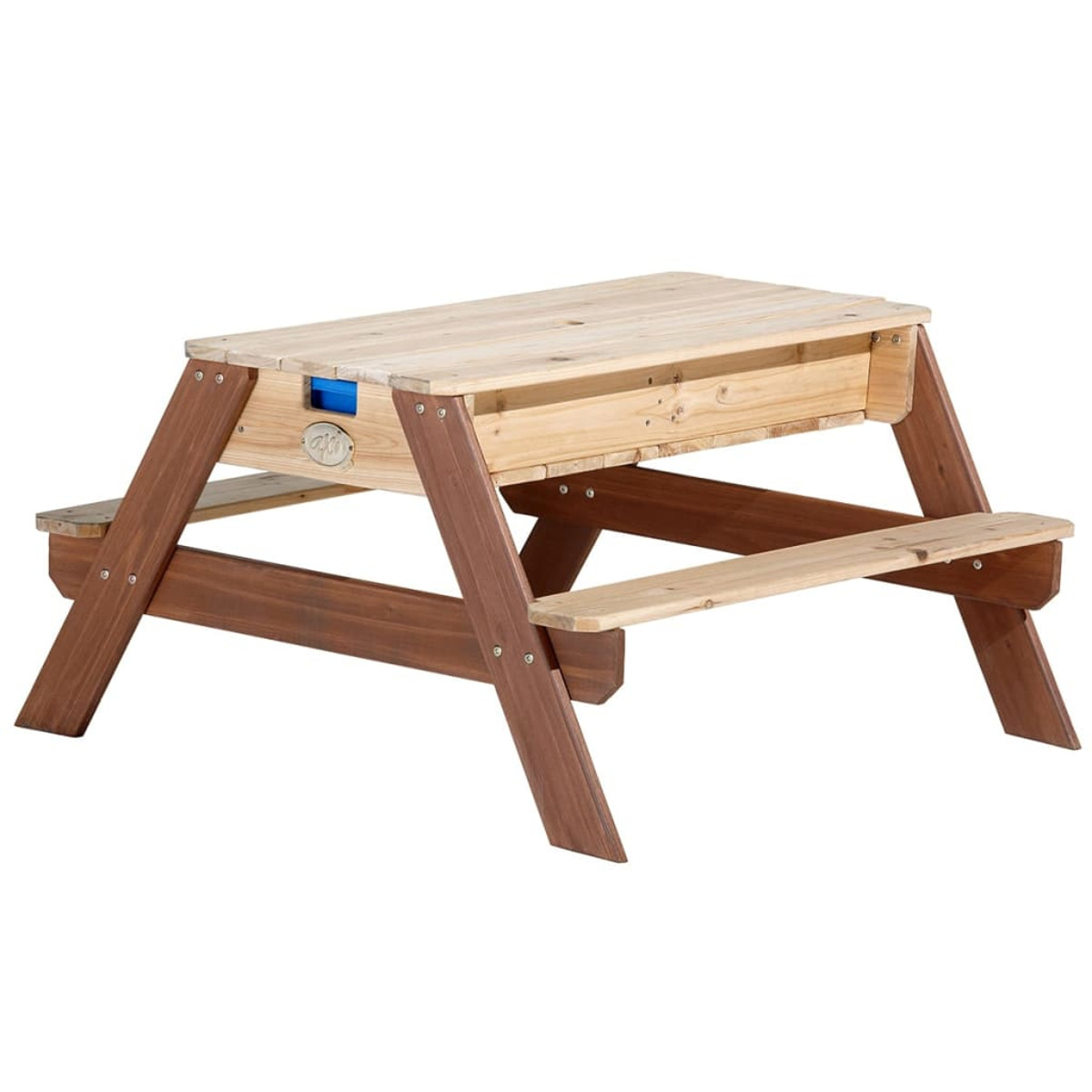 Picknicktisch aus Holz mit Bänken, blauem Einsatz und hellem Holz.