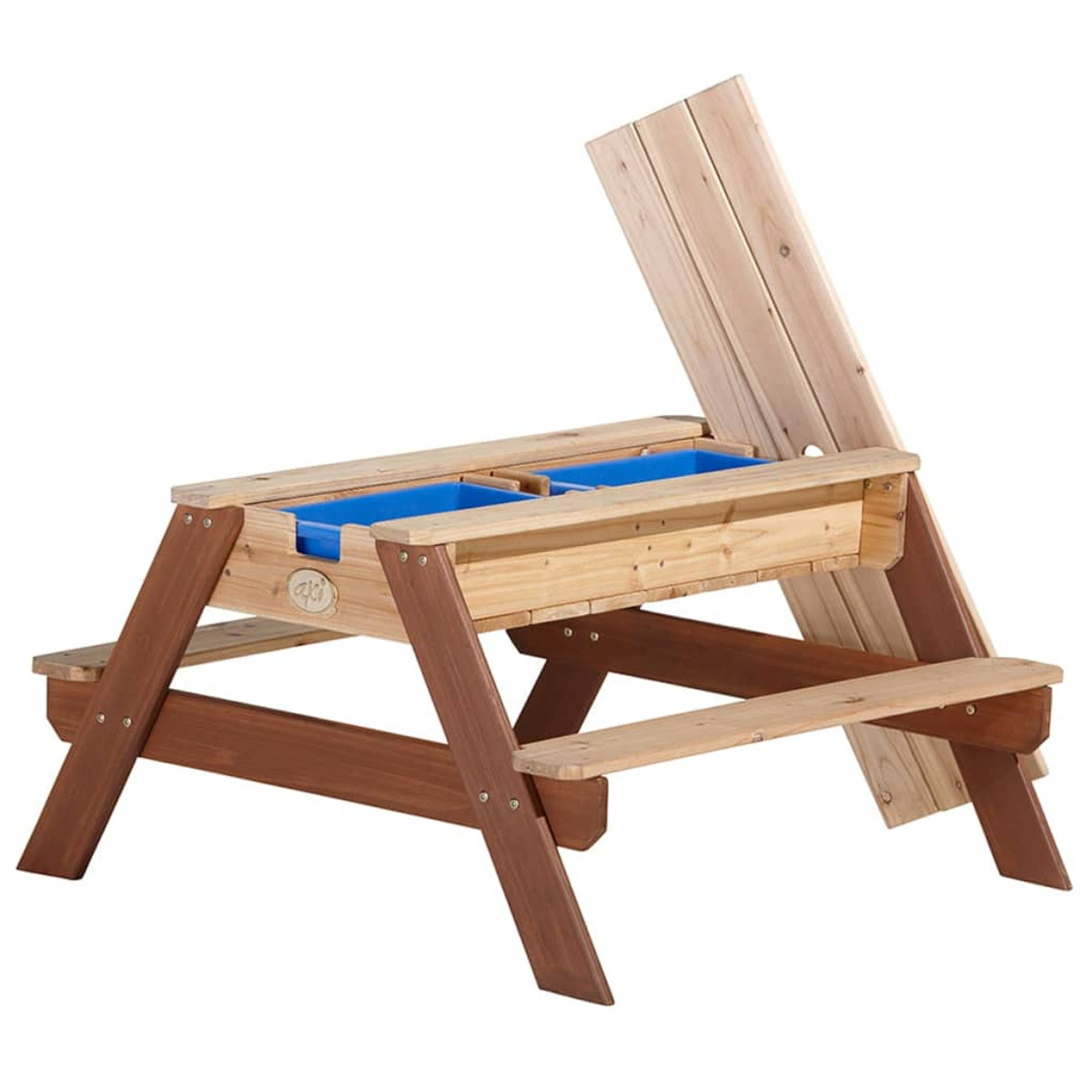 Holz-Picknicktisch mit zwei blauen Behältern. Eine Seite ist hochgeklappt, offen.