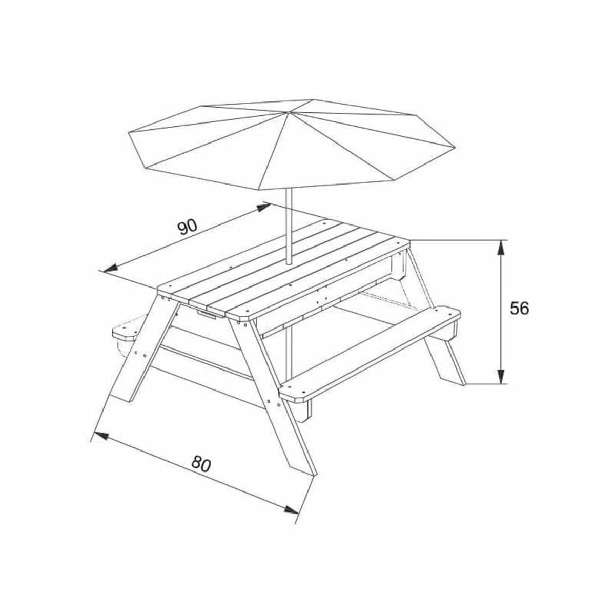 Strichzeichnung eines Picknicktisches mit Maßen. Der Tisch hat einen Sonnenschirm darüber.