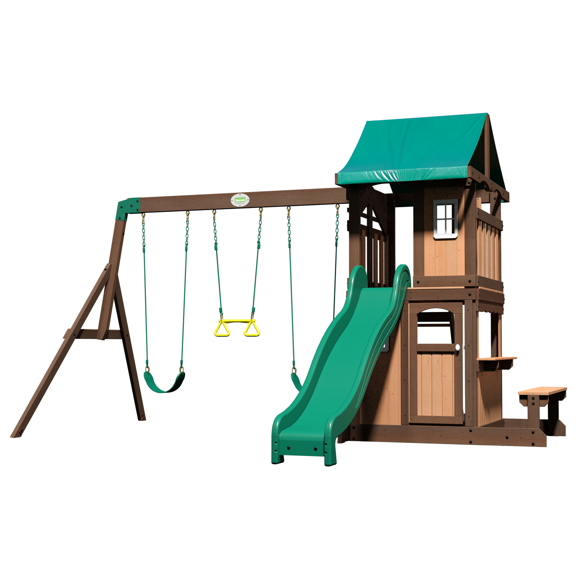 Spielplatz aus Holz mit Schaukeln, Rutsche und kleinem Haus.
