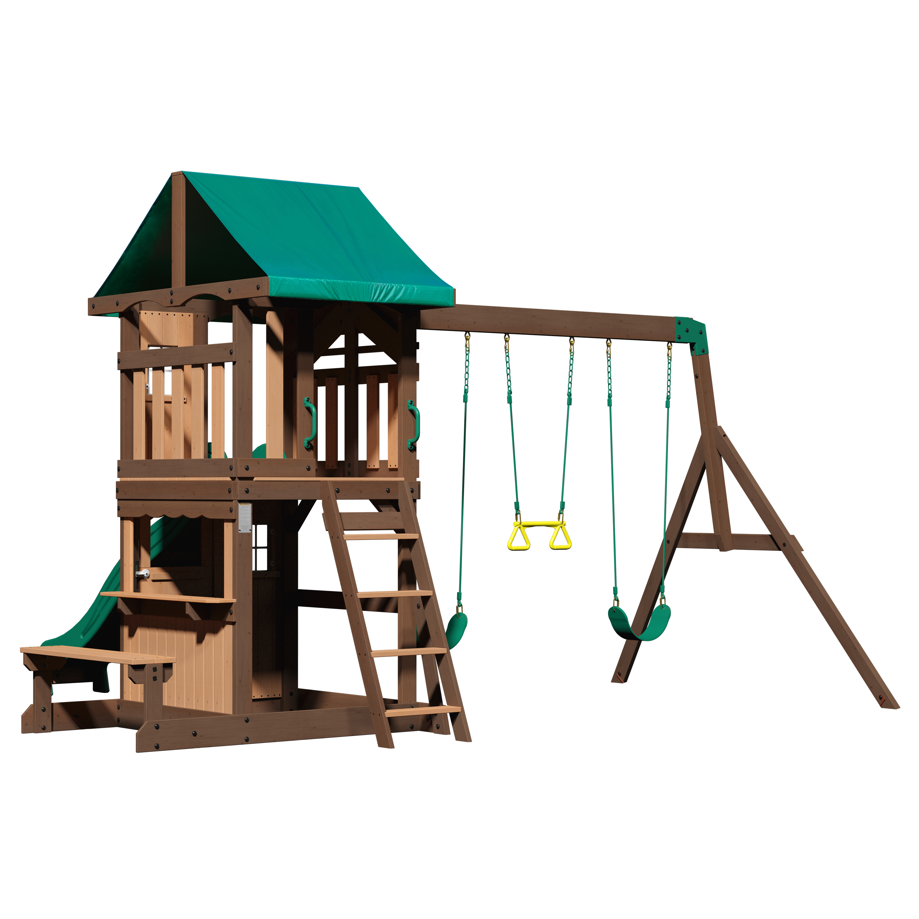 Spielplatz aus Holz mit grünem Dach. Mit Rutsche, Schaukeln, Kletterleiter und einer kleinen Tür.