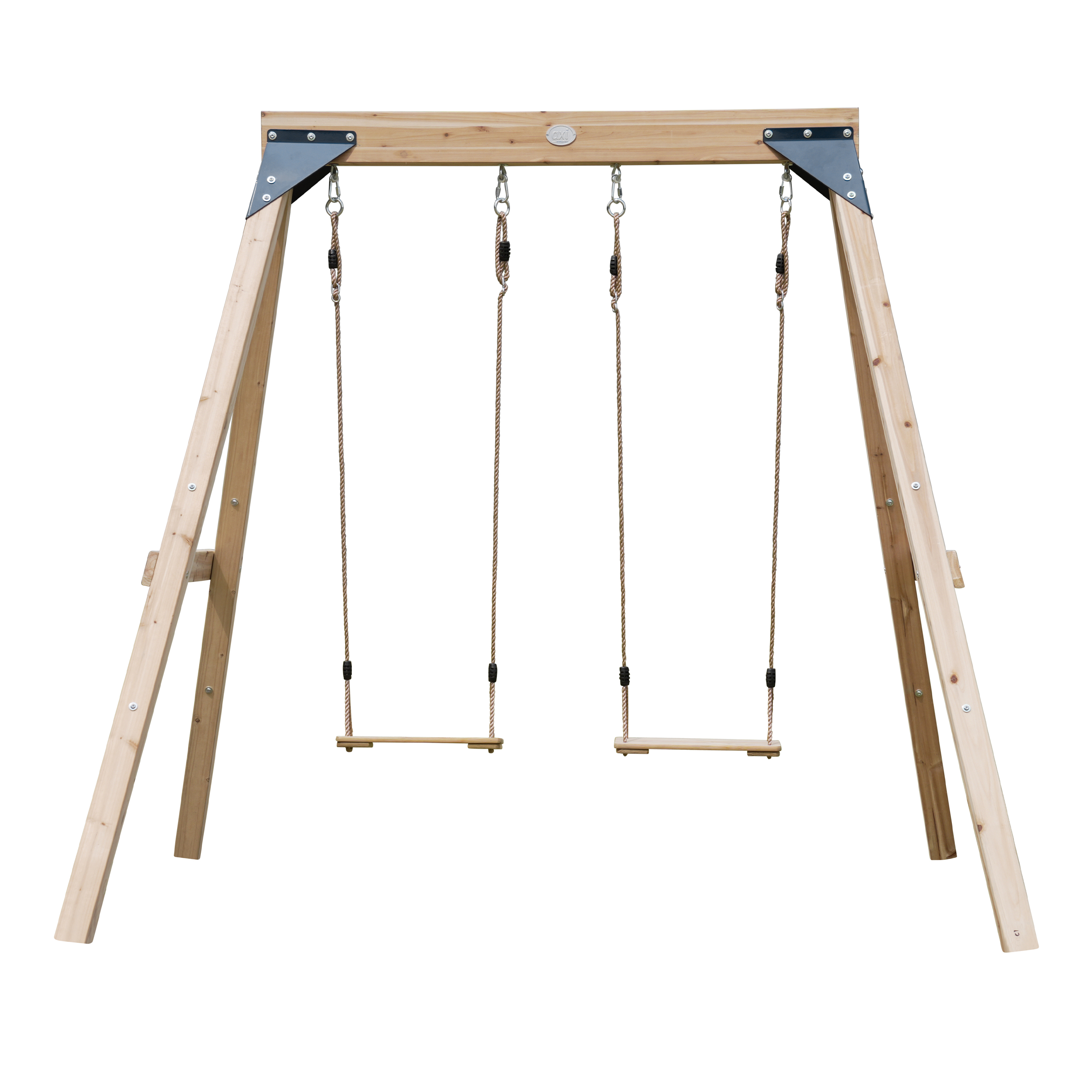 Schaukelgestell aus Holz mit zwei Schaukeln. Das Set besteht aus hellbraunem Holz.