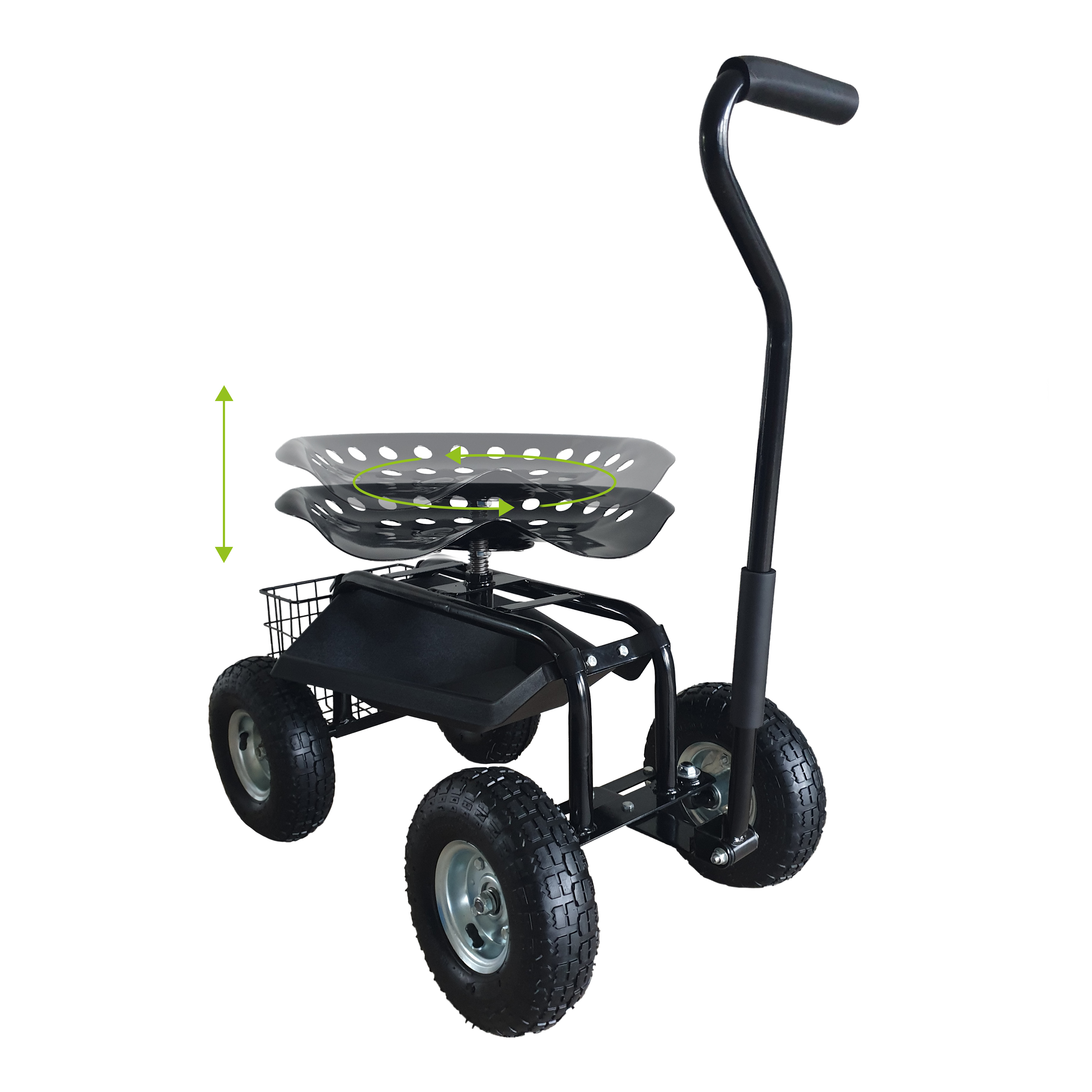 Ein schwarzer rollender Gartenwagen mit Sitz, Korb und vier Rädern. Der Sitz ist verstellbar.