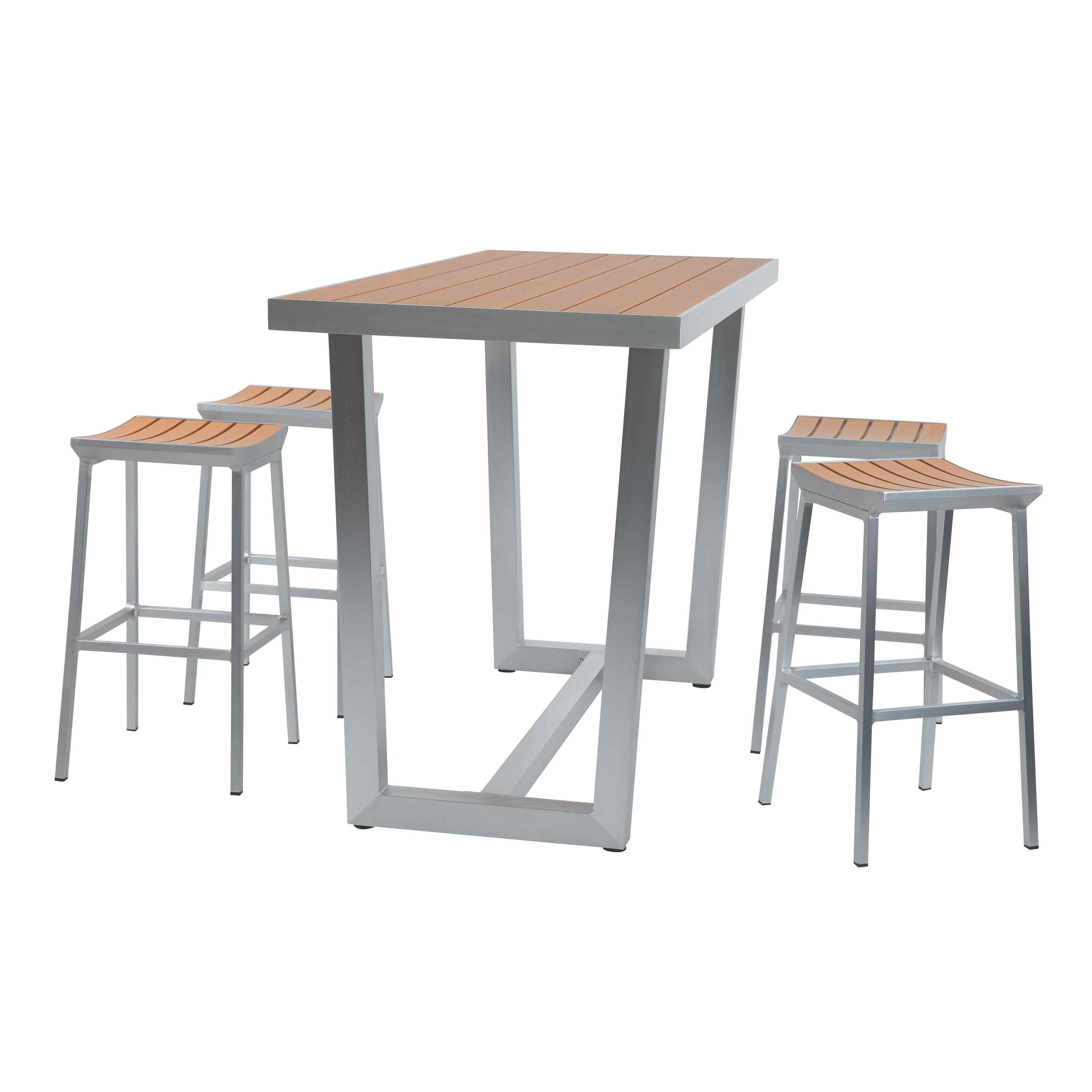 Gartentisch- und Hockersatz. Tisch mit Holzplatte, silbernem Rahmen und 3 Hockern.