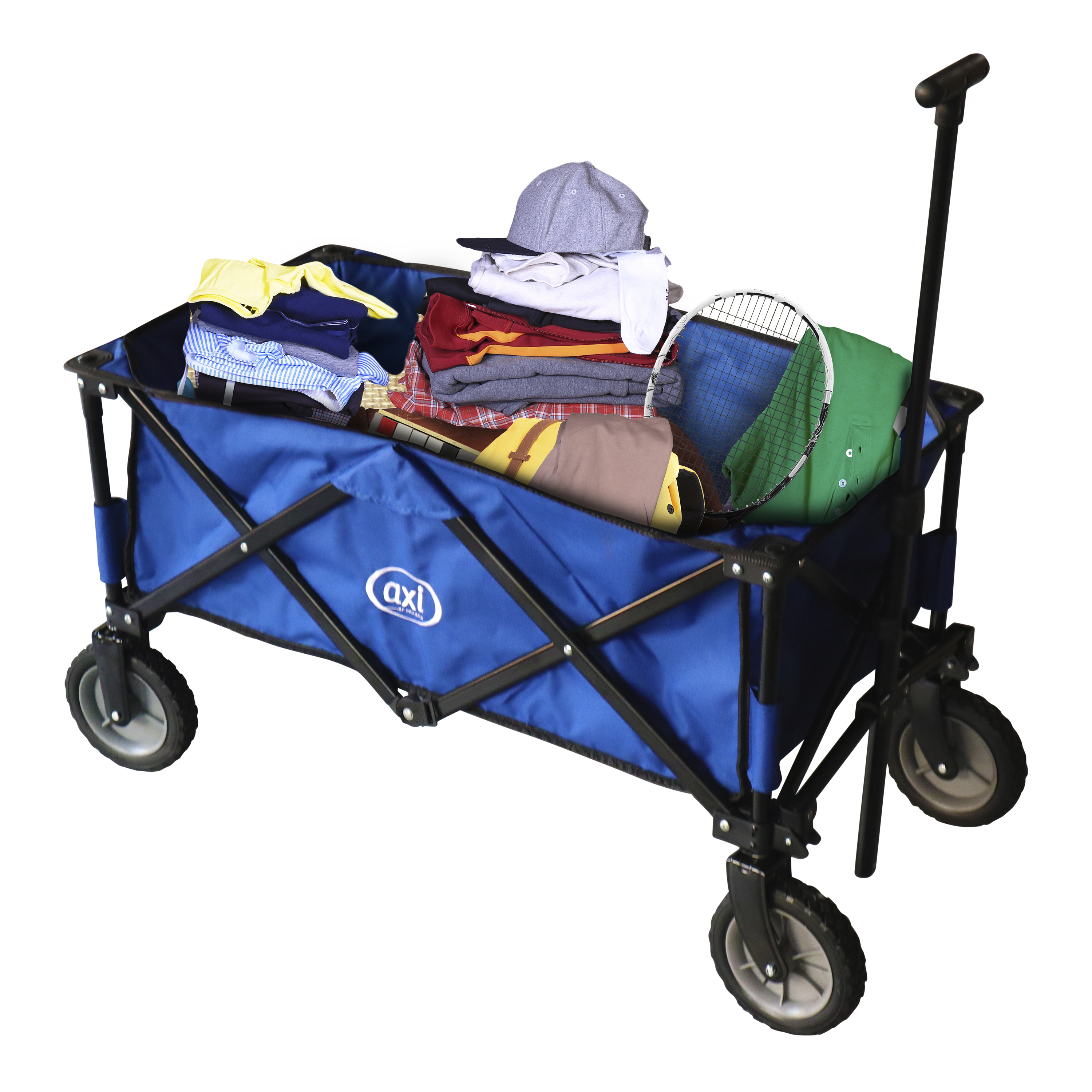 Blauer Klappwagen gefüllt mit Kleidung, Hüten und Tennisschläger, auf weißem Hintergrund.